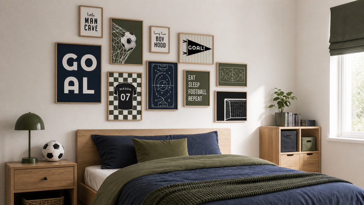 Bury Prints olive, navy and neutral football wall art combined in a modern boys bedroom