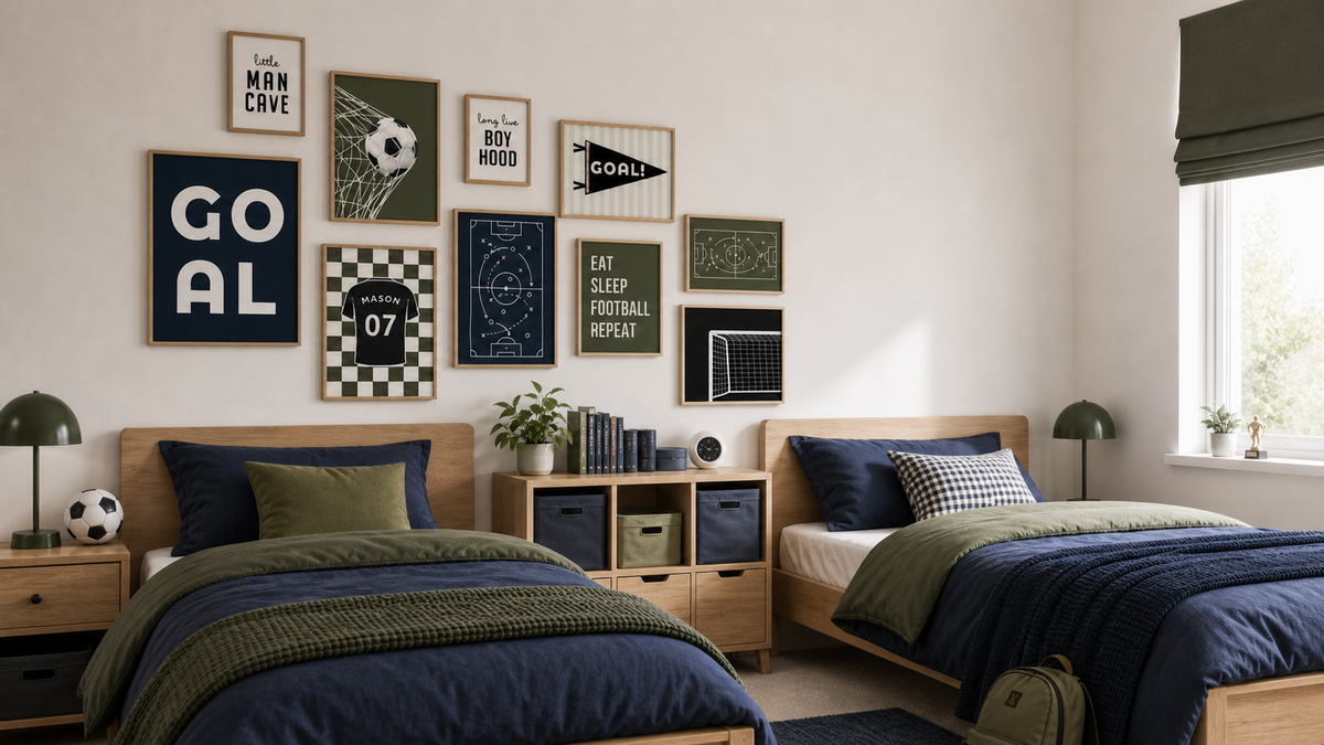 Shared boys football bedroom with two beds and Buryprints navy and olive gallery wall