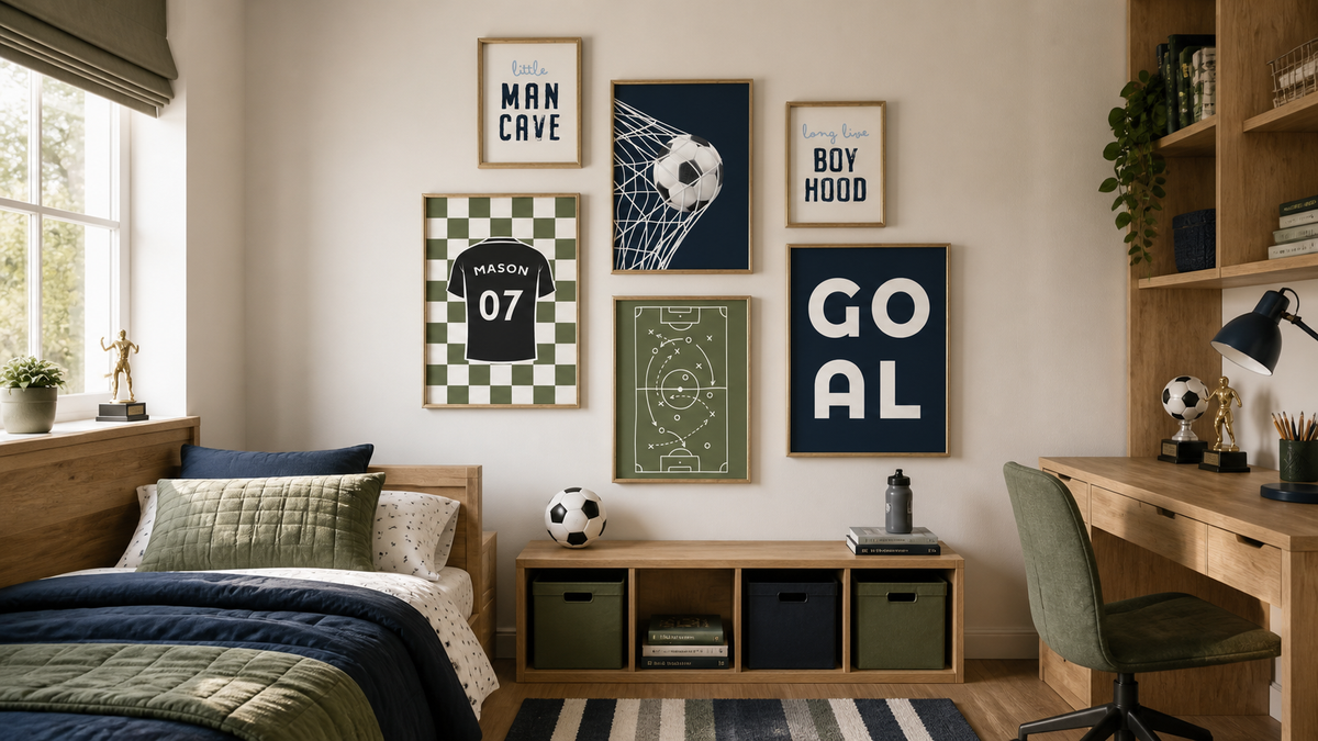 Adaptable navy and olive sports bedroom with Buryprints football gallery wall, storage and study desk