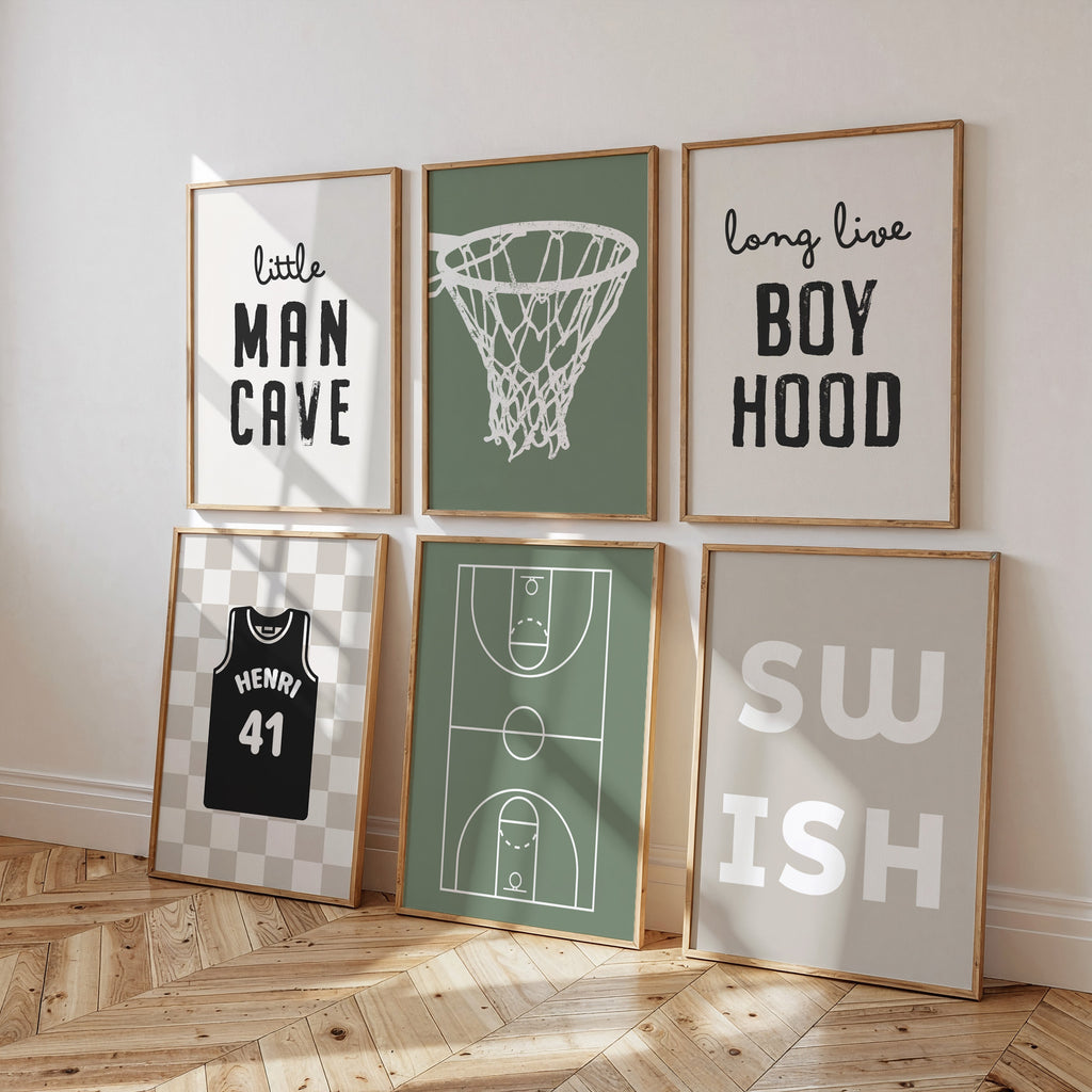 Personalised Basketball Wall Art Set of 6, Olive Green Kids Bedroom Prints