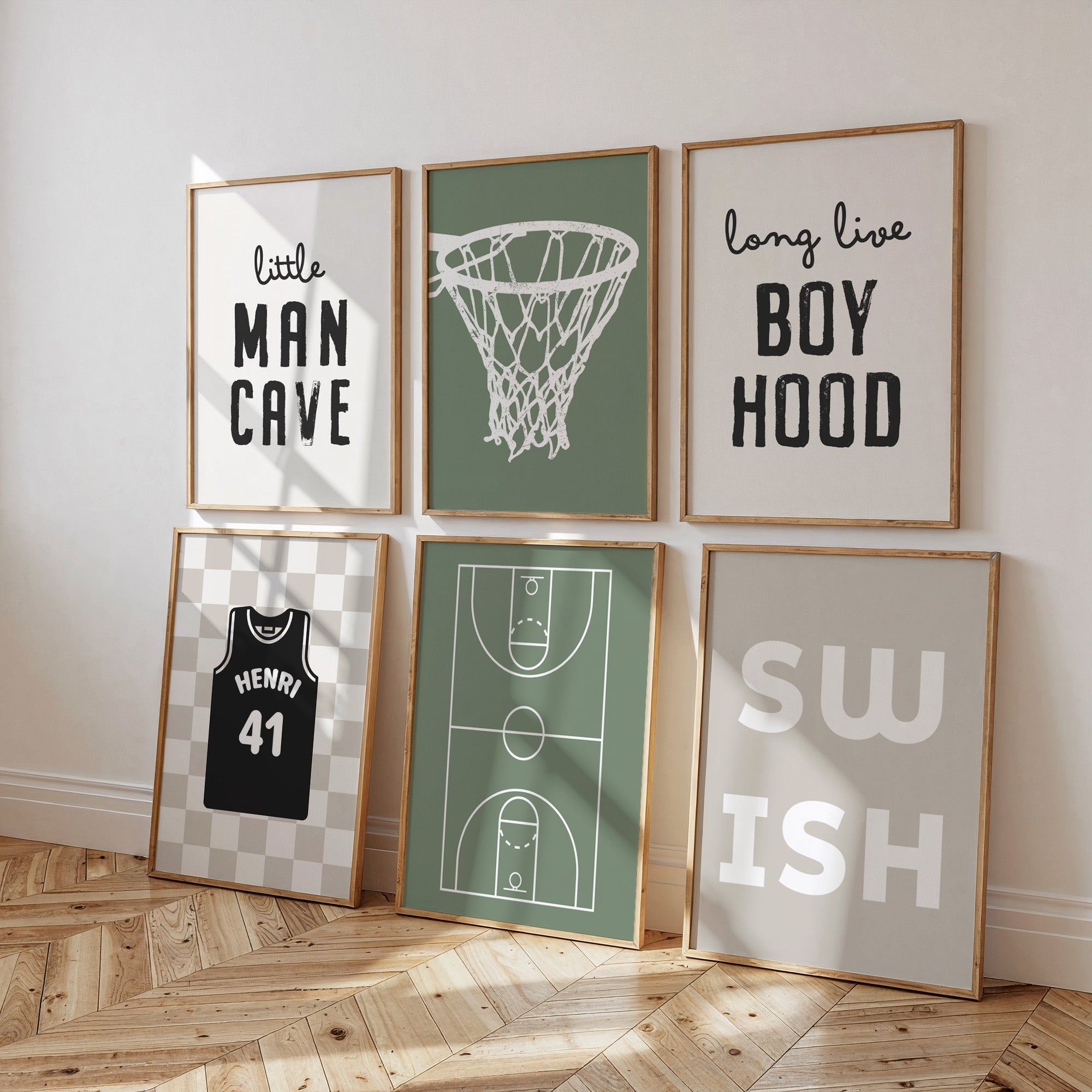 Personalised Basketball Wall Art Set of 6, Olive Green Kids Bedroom Prints
