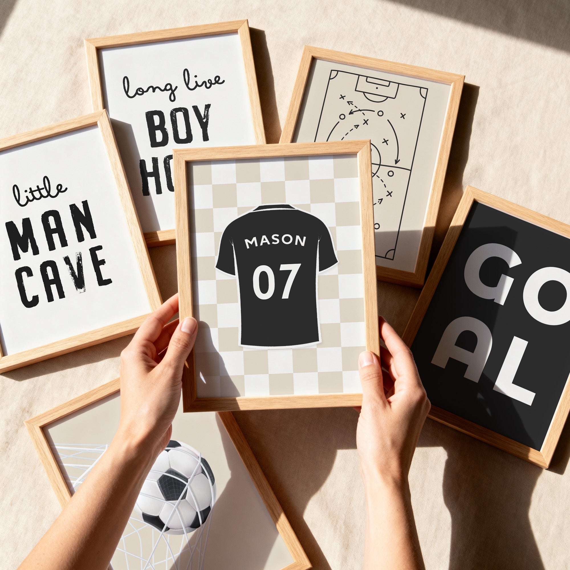 Personalised Neutral Football Prints Set of 6, Boys Bedroom - artwork detail