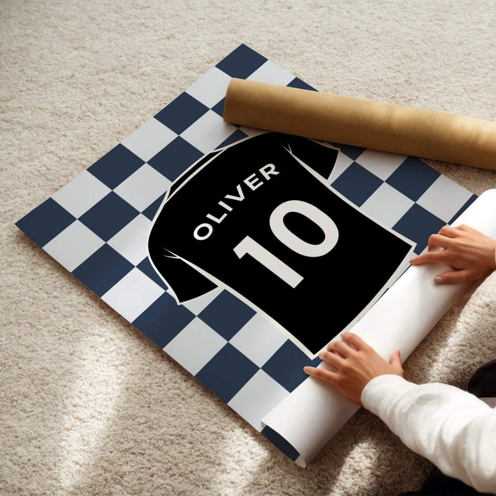 Personalised Football Shirt Print, Custom Name and Number shown in a styled room