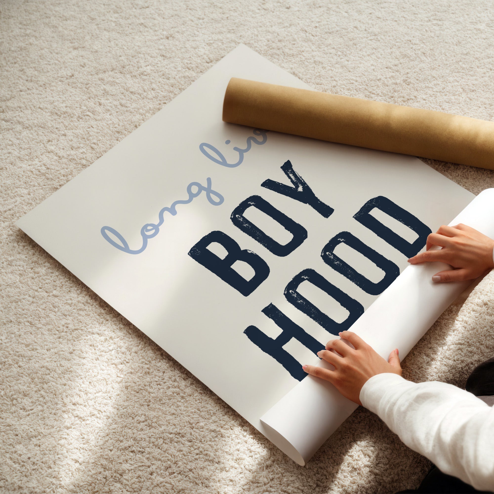 Long Live Boyhood Print, Neutral Boys Bedroom Wall Art shown in a styled room
