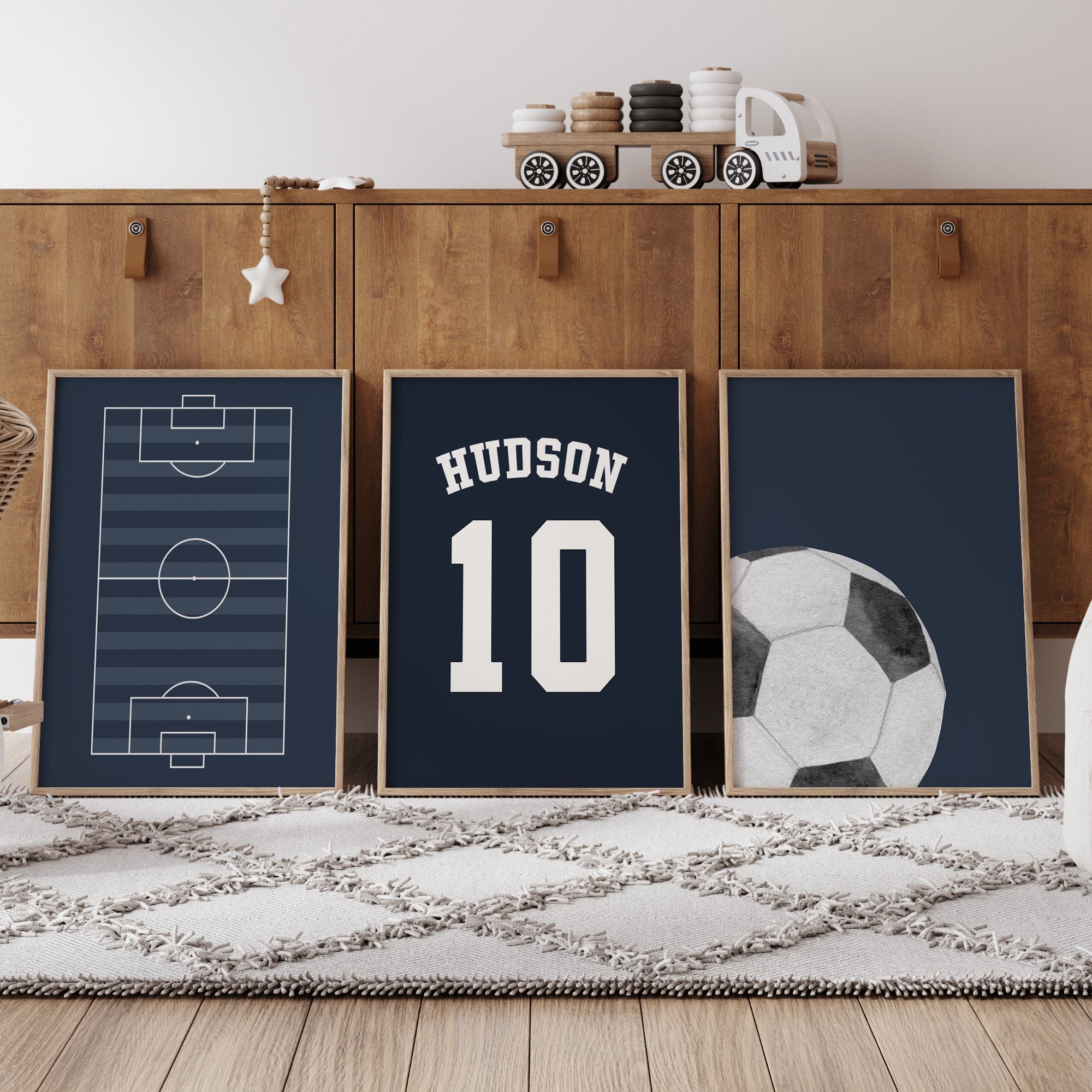 Personalised Football Pitch Prints Set of 3, Navy Wall Art