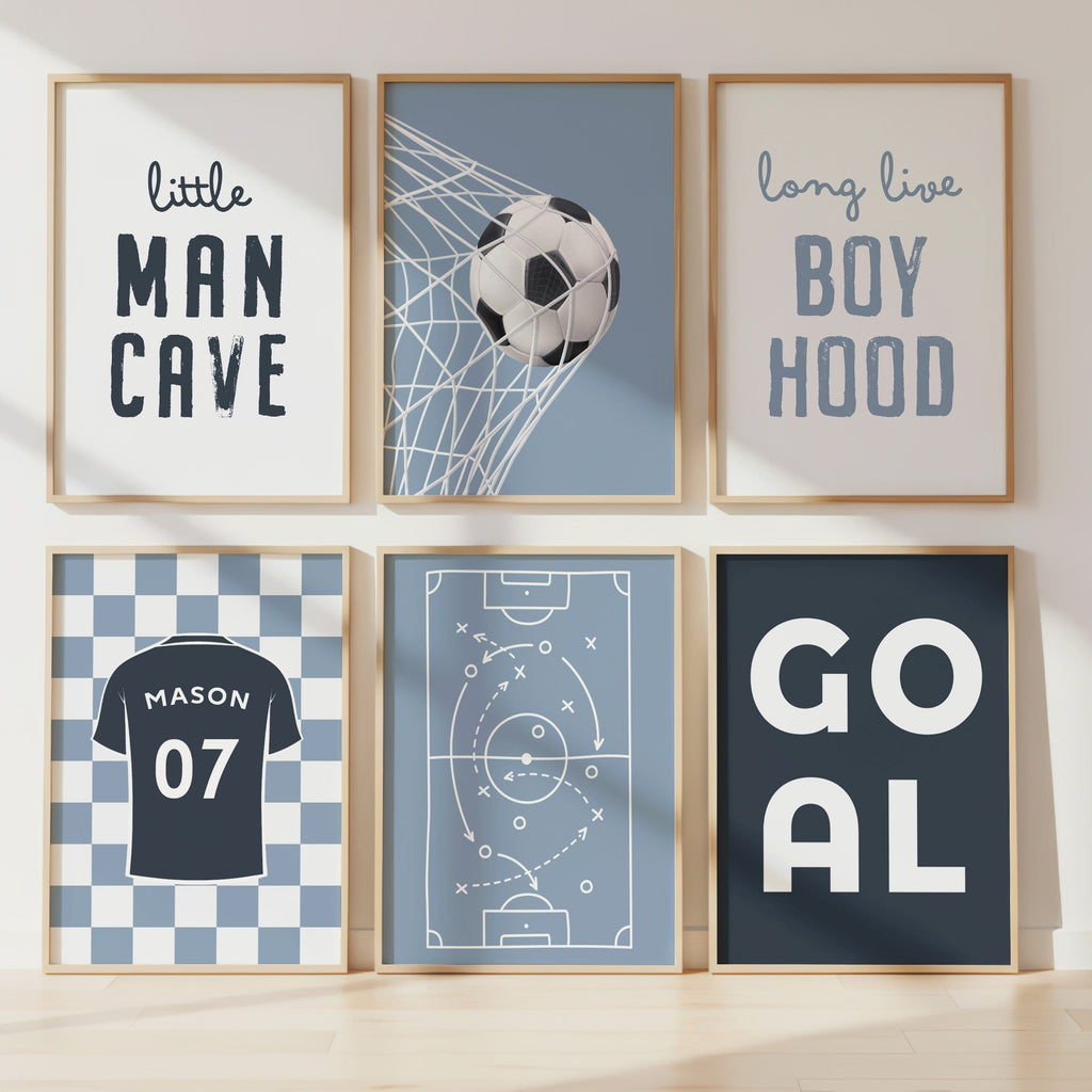 Personalised Dusty Blue Football Prints Set of 6 shown in a styled room