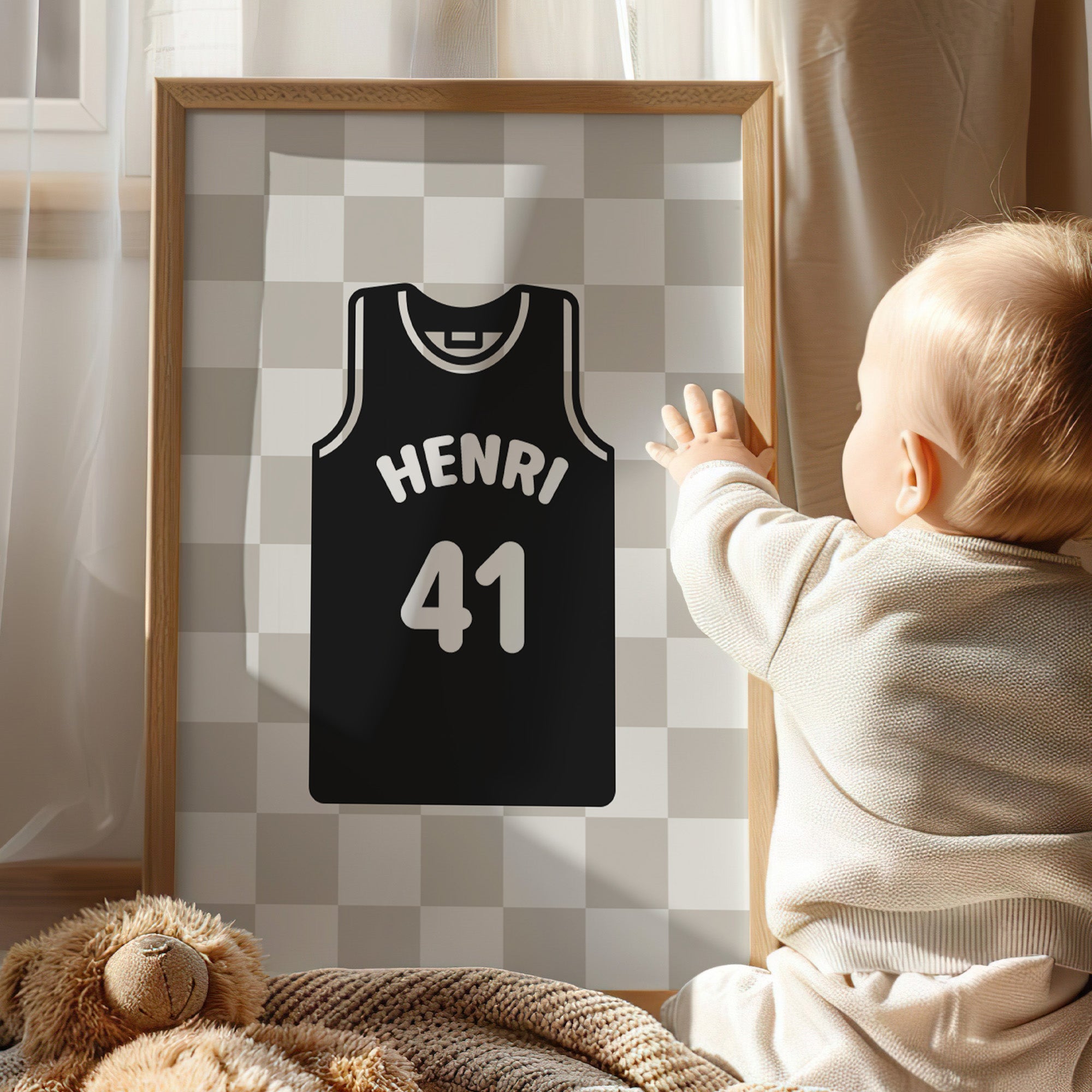 Personalised Basketball Wall Art Set of 6, Olive Green Kids Bedroom Prints