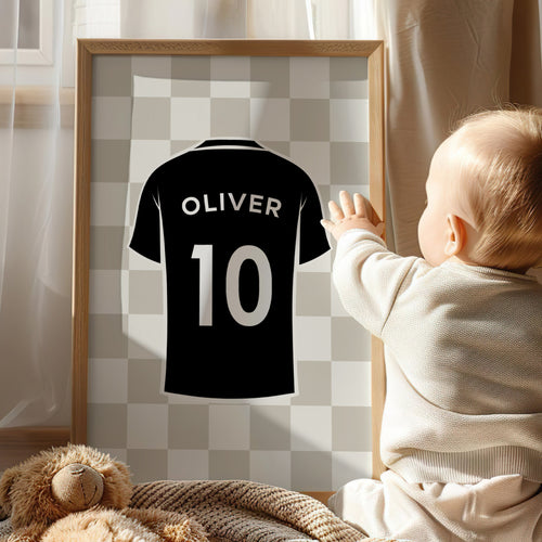 Personalised Football Jersey Print Neutral Checker Custom Name Number Wall Art