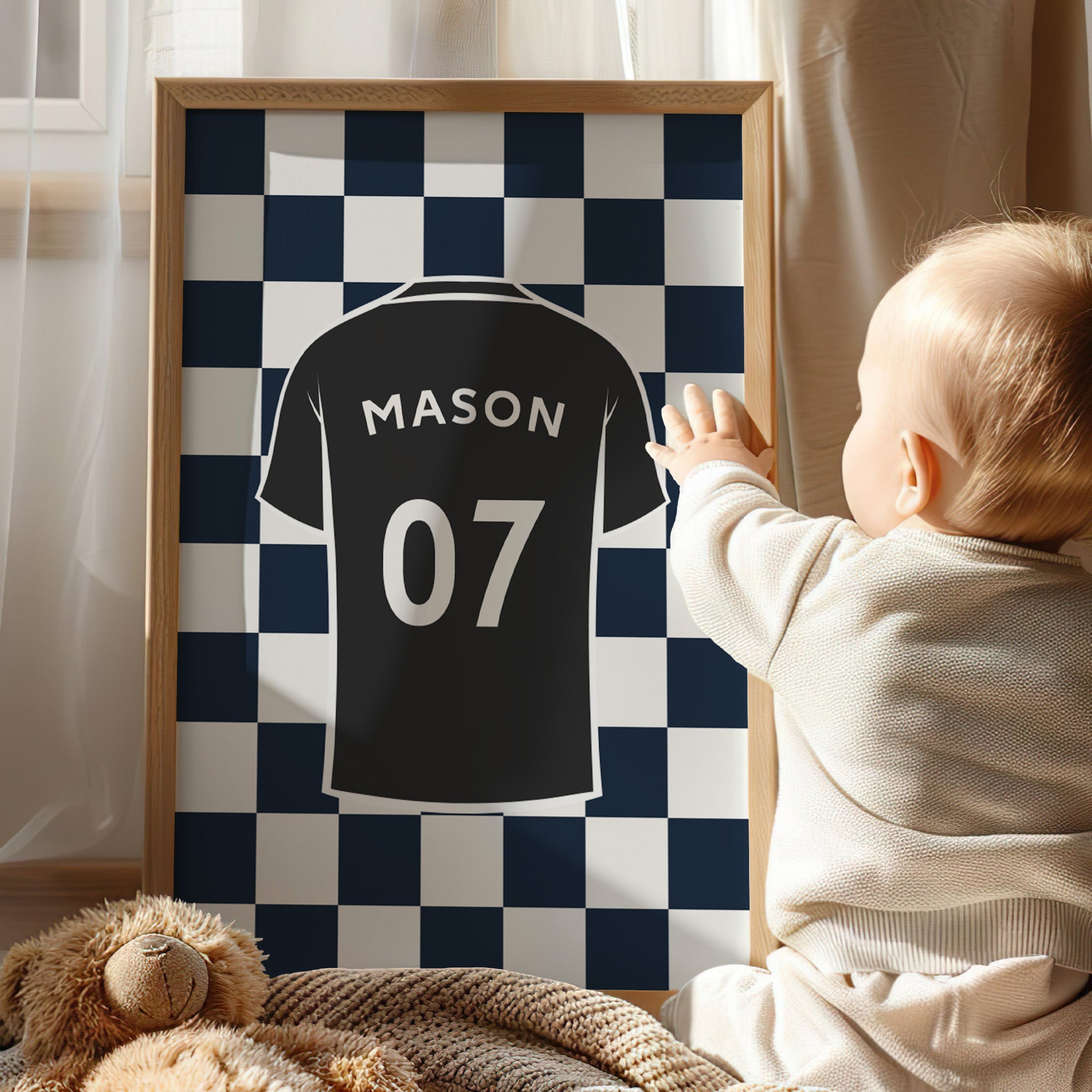 Navy football wall art set with personalised name and shirt number print