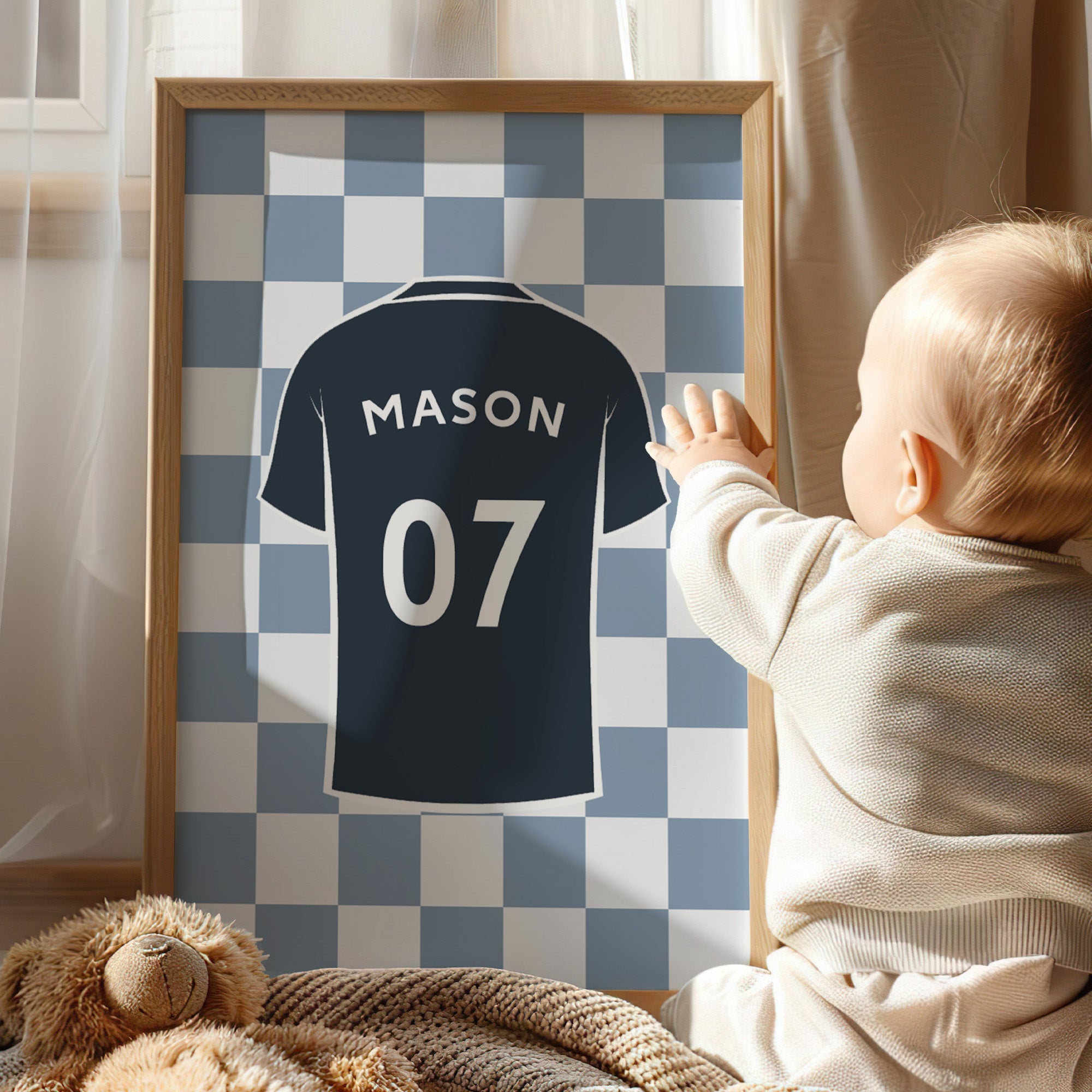 Personalised Football Wall Art Set of 6 Dusty Blue Boys Room Custom Name Prints