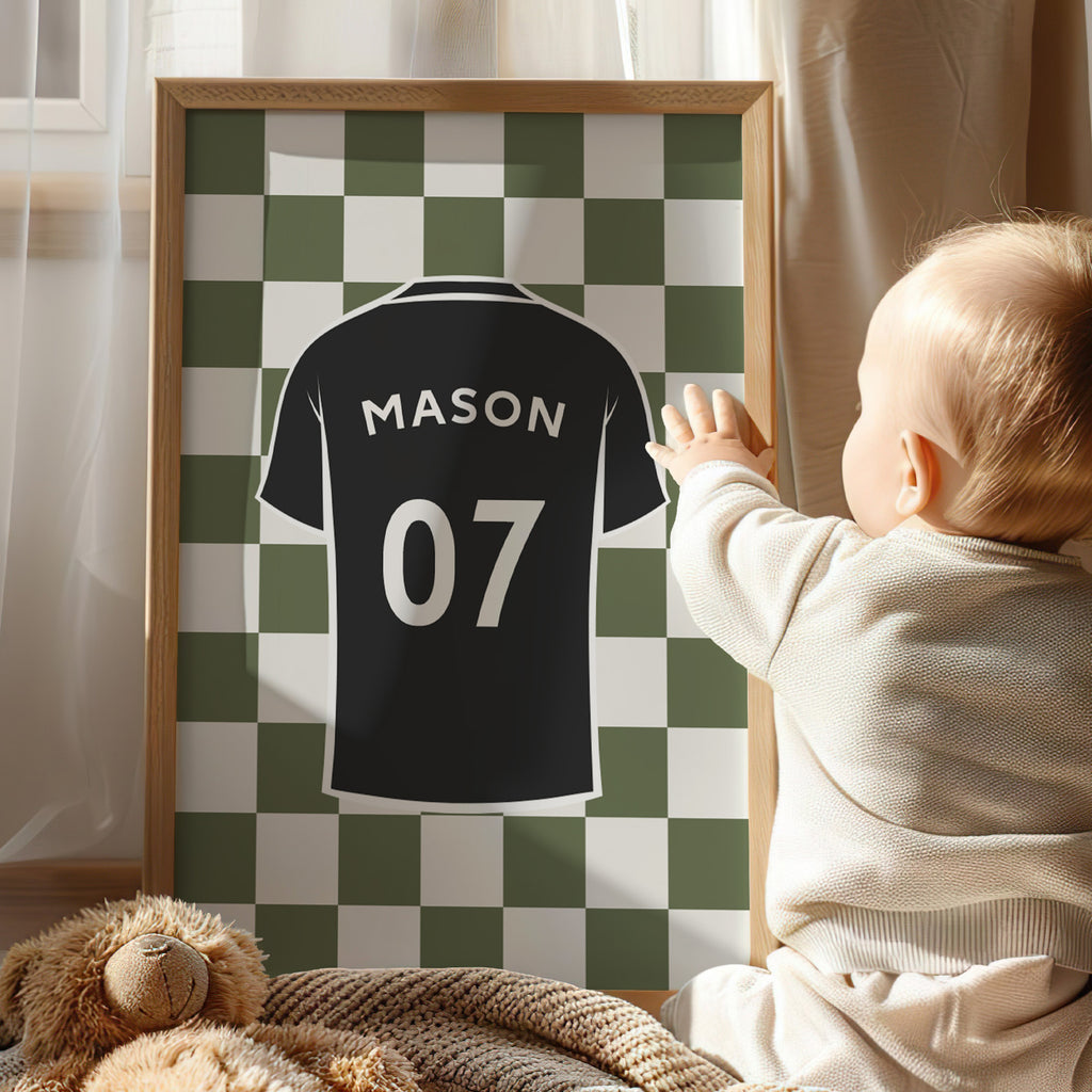Personalised Football Wall Art Set of 6, Olive Green Boys Bedroom Decor