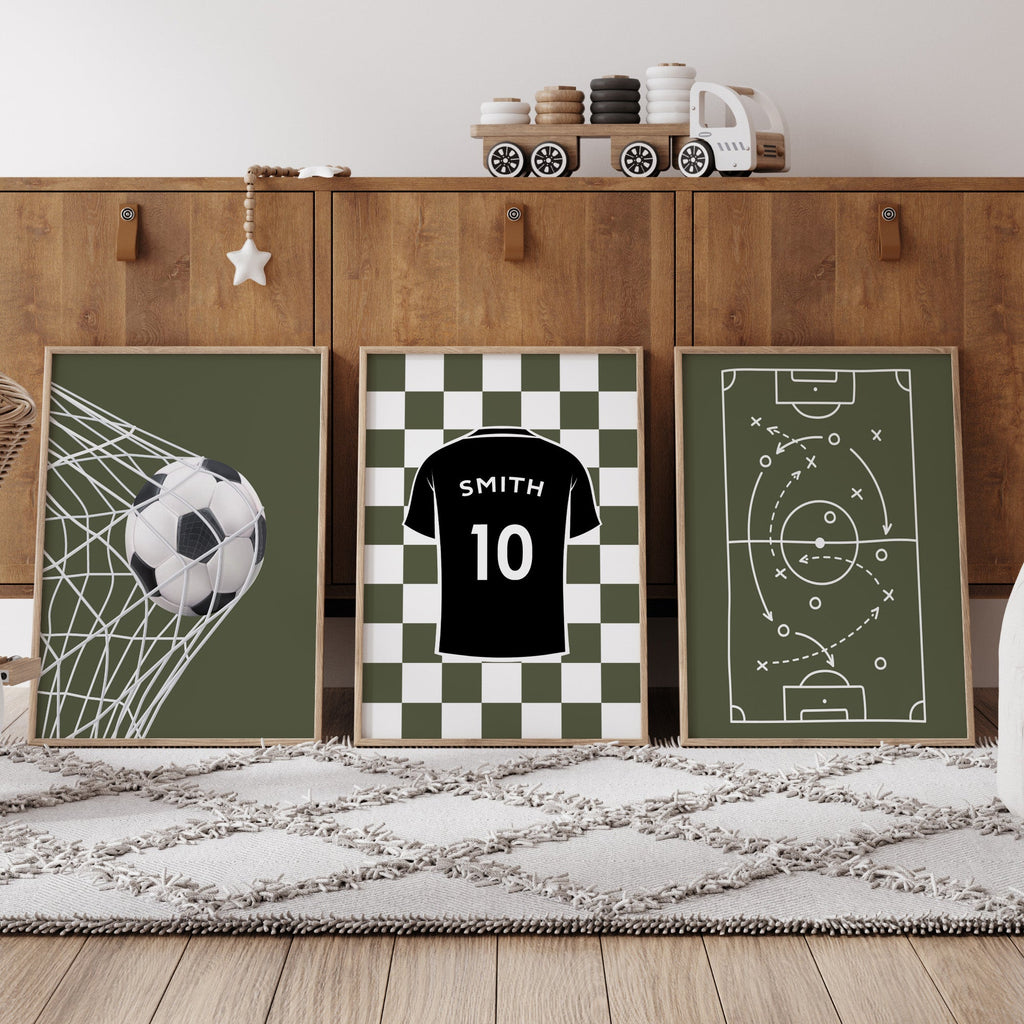 Personalised Olive Football Prints Set of 3, Boys Wall Art - artwork detail