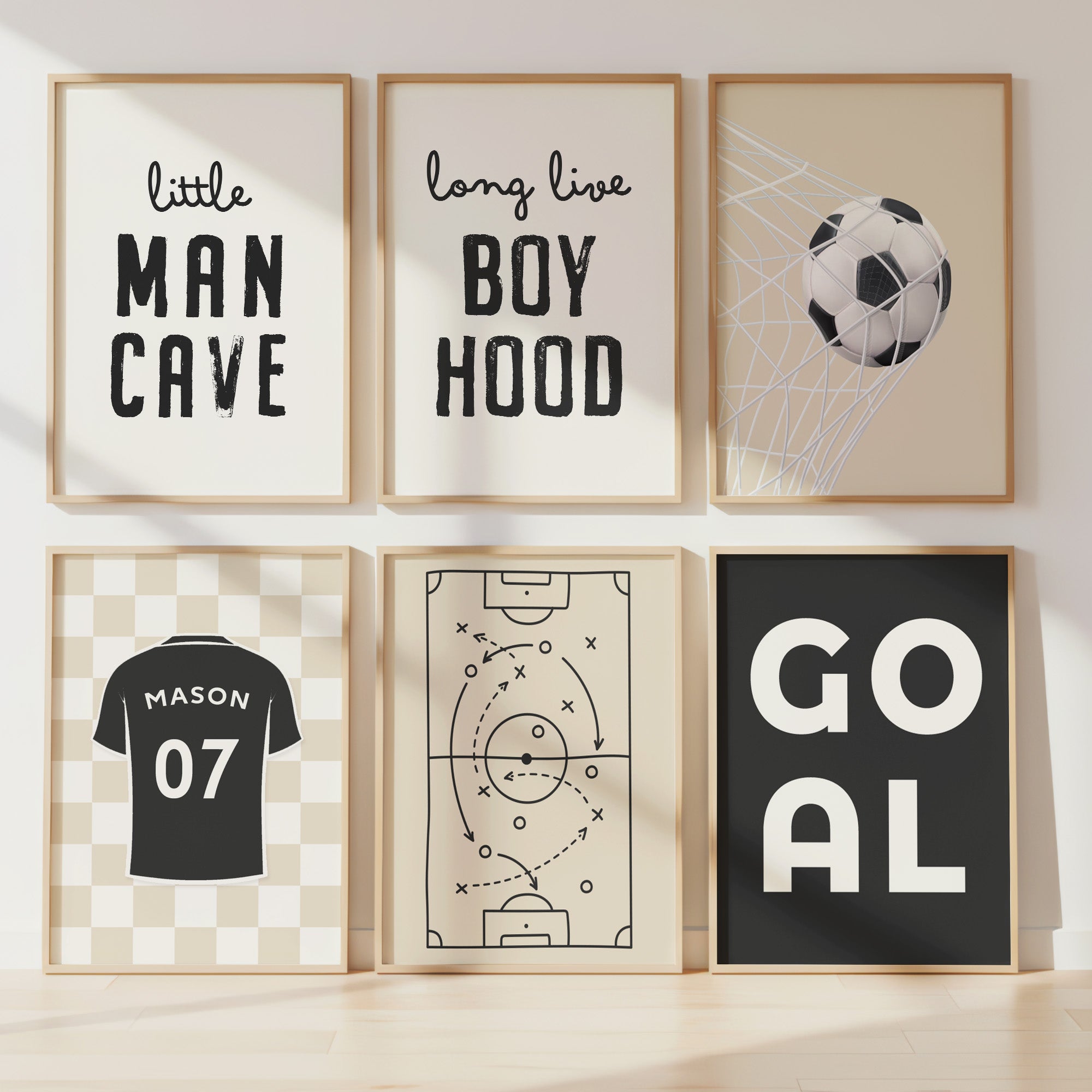 Personalised Football Wall Art Set of 6 Neutral Boys Room Prints