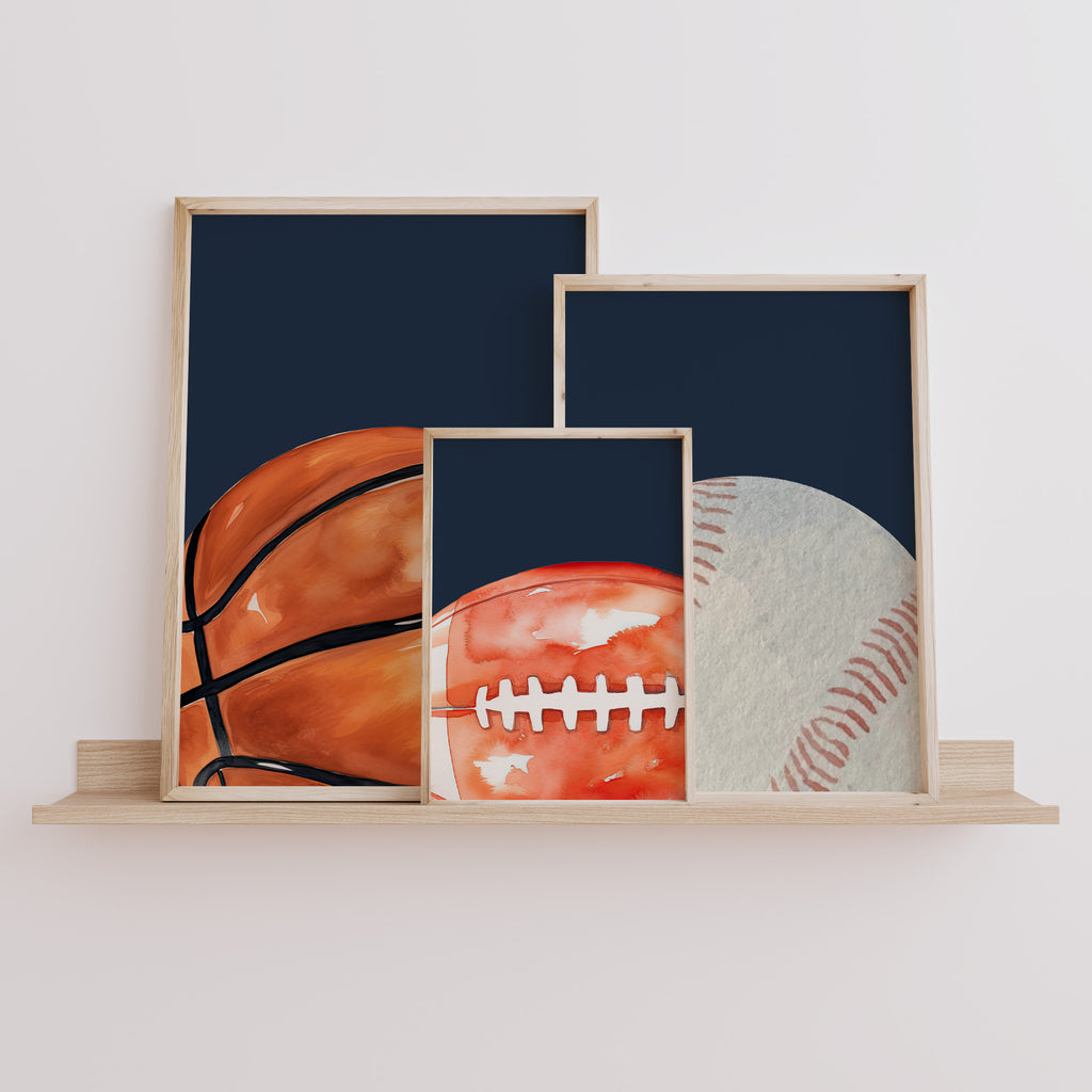 Sports Wall Art Set of 3 Boys Bedroom Prints Navy Kids Sports Decor