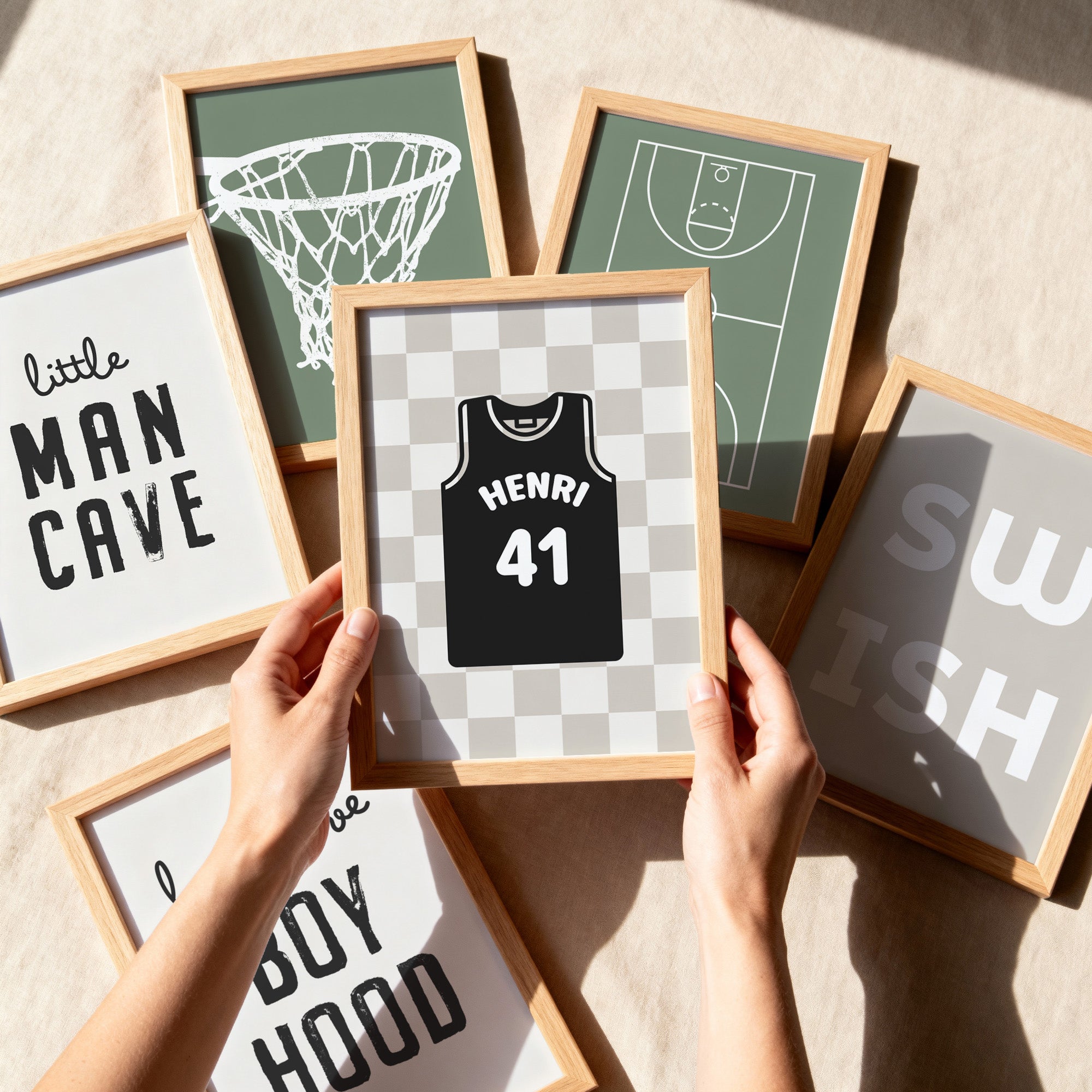 Personalised Basketball Wall Art Set of 6, Olive Green Kids Bedroom Prints