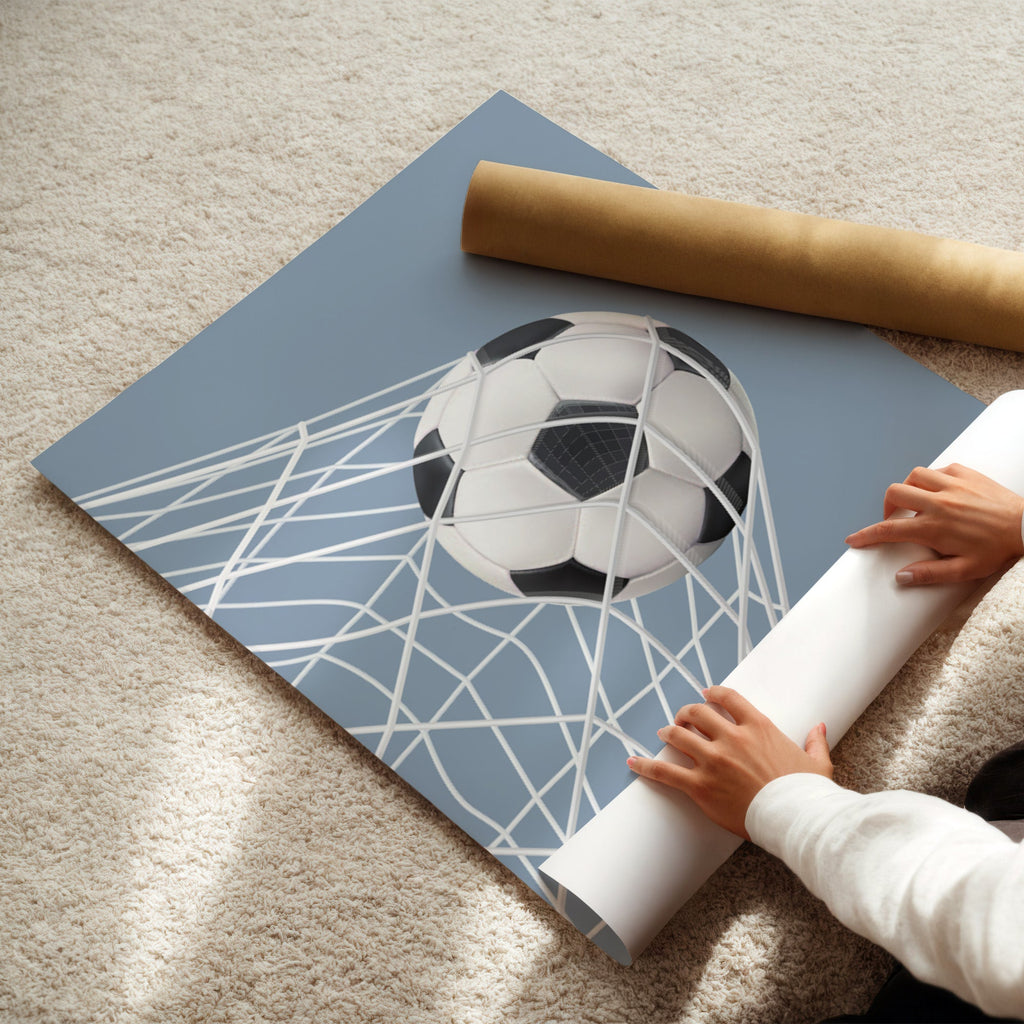 Personalised Dusty Blue Football Prints Set of 6 shown in a styled room