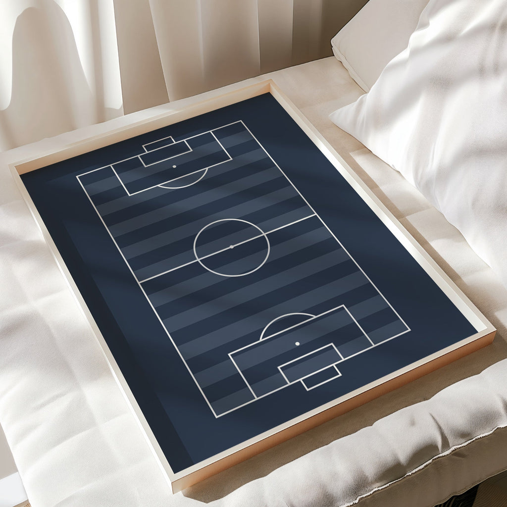 Personalised Football Pitch Prints Set of 3, Navy Wall Art - print flat lay