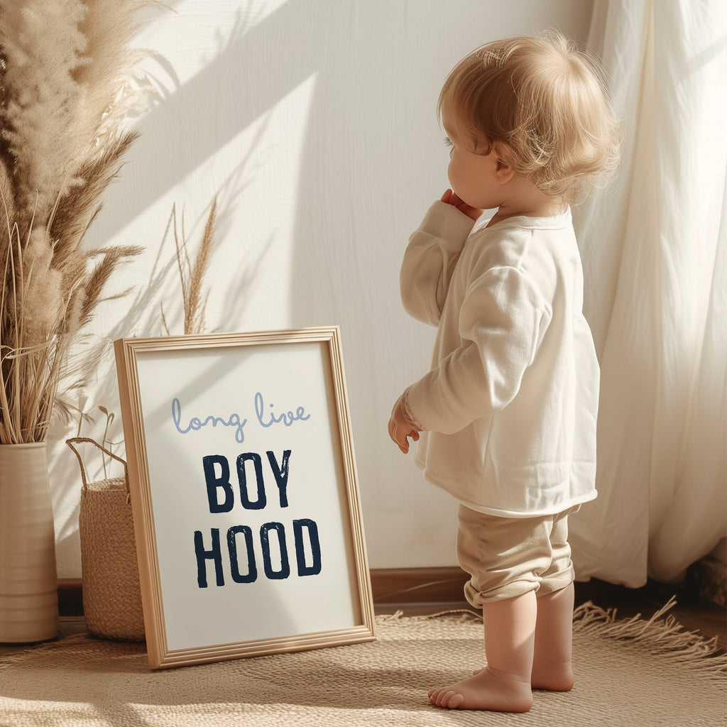 Long Live Boyhood Print, Neutral Boys Bedroom Wall Art shown in a styled room