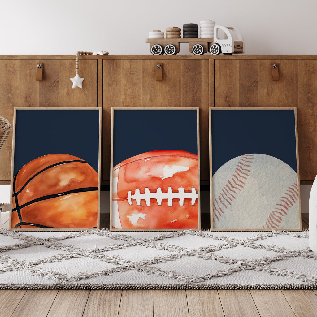 Sports Wall Art Set of 3 Boys Bedroom Prints Navy Kids Sports Decor
