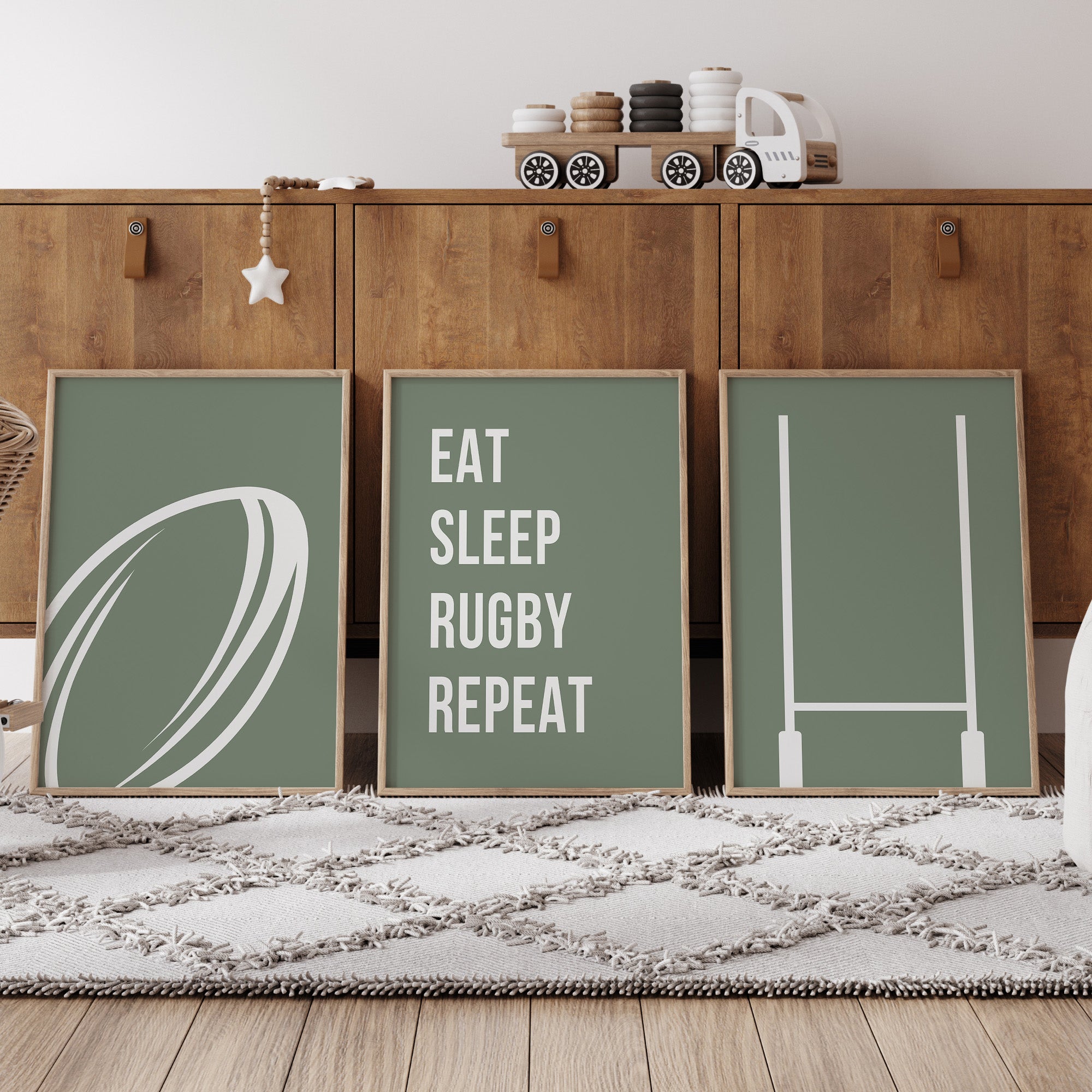 Rugby Wall Art Set of 3 Green Boys Bedroom Decor Nursery Sports Prints