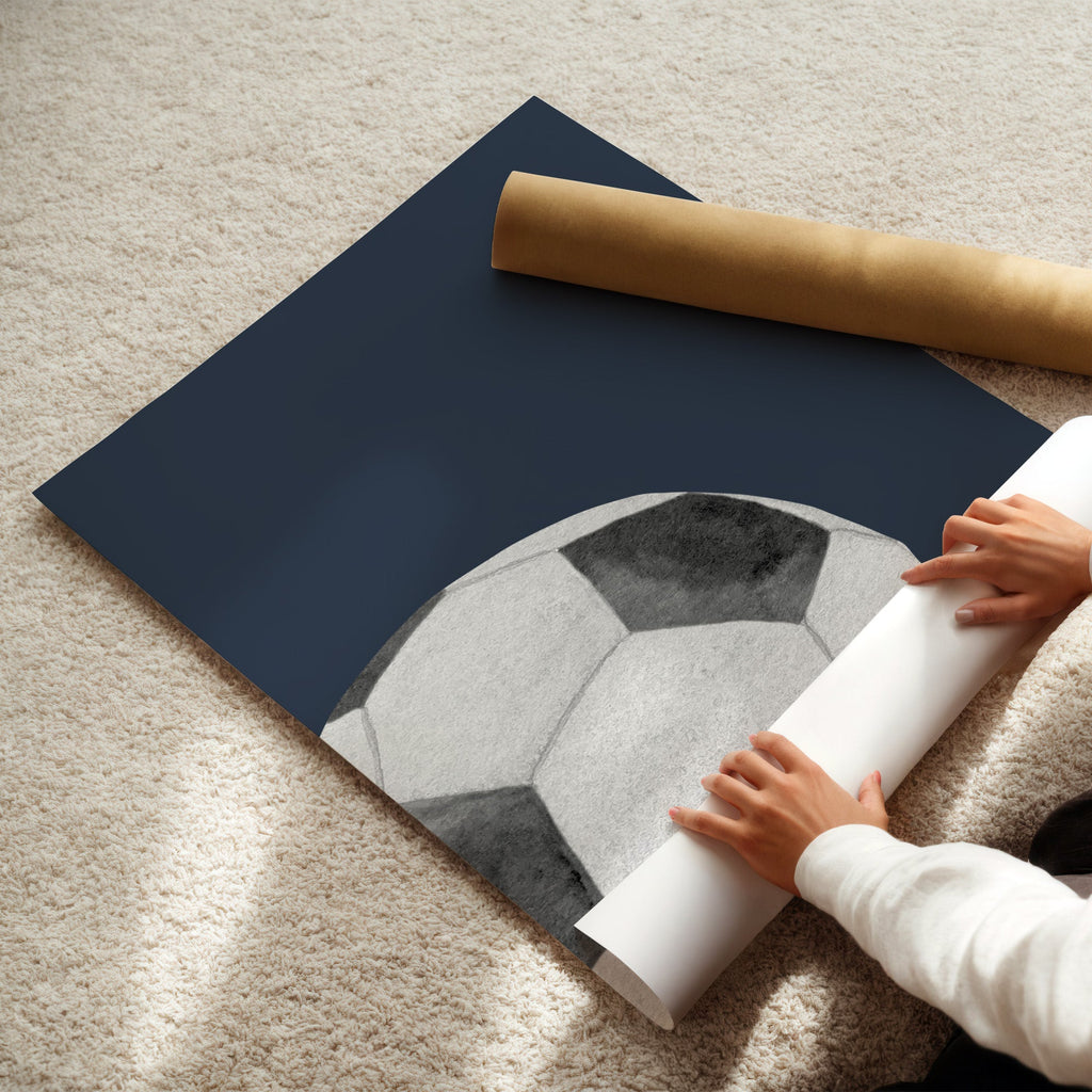 Personalised Football Pitch Prints Set of 3, Navy Wall Art shown in a styled room