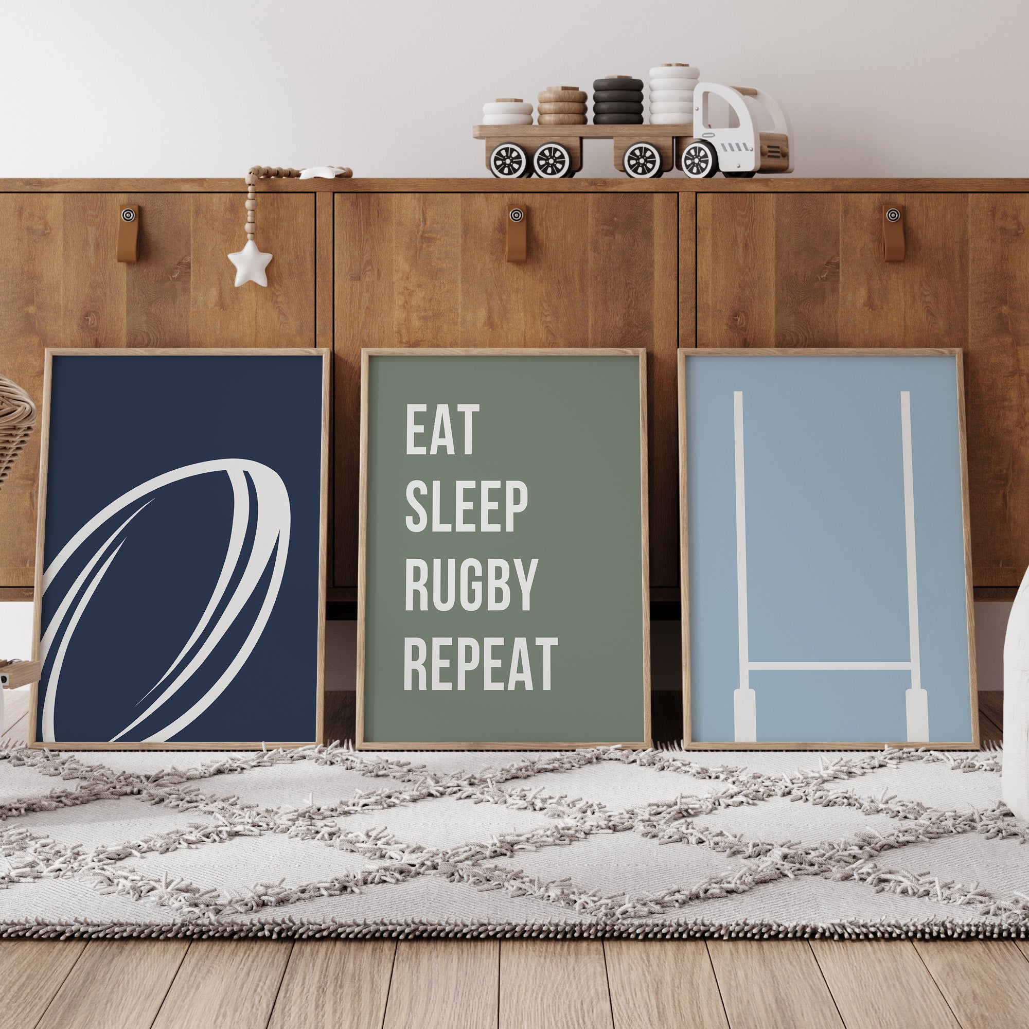 Rugby Wall Art Set of 3 Navy Boys Bedroom Decor Nursery Sports Prints