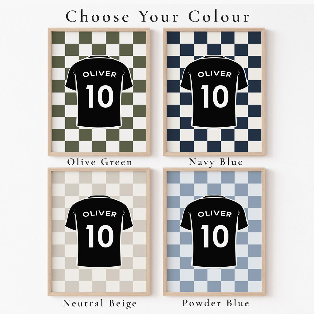 Personalised Football Shirt Print, Custom Name and Number shown in a styled room