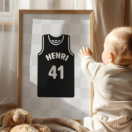 Personalised Basketball Wall Art Set of 6, Black and White Kids Bedroom Prints