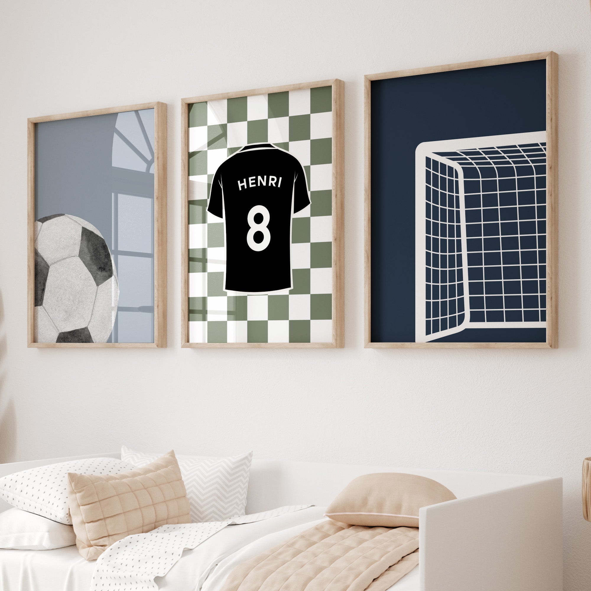 Personalised Football Prints Set of 3, Navy Boys Wall Art