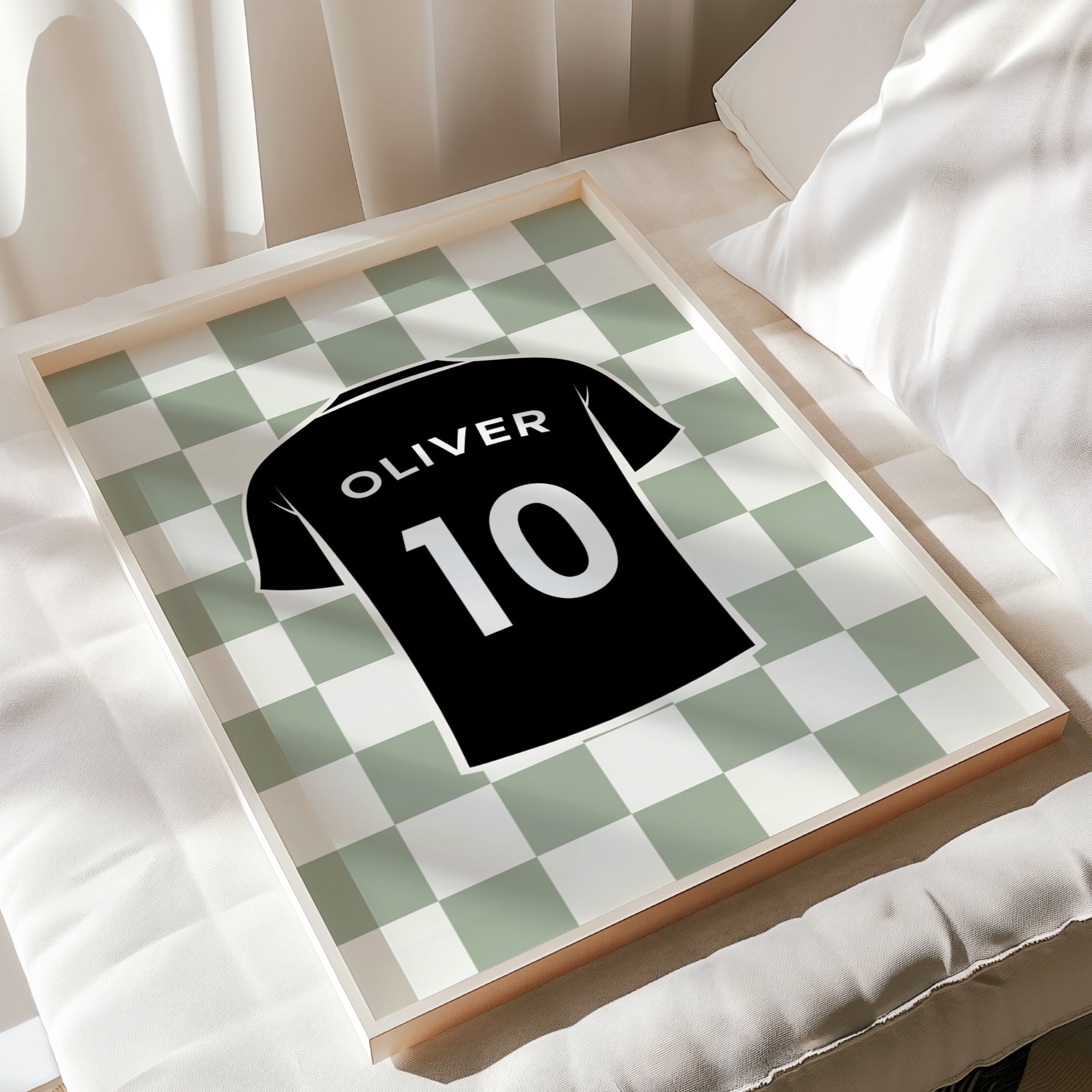 Personalised Football Jersey Print Neutral Checker Custom Name Number Wall Art