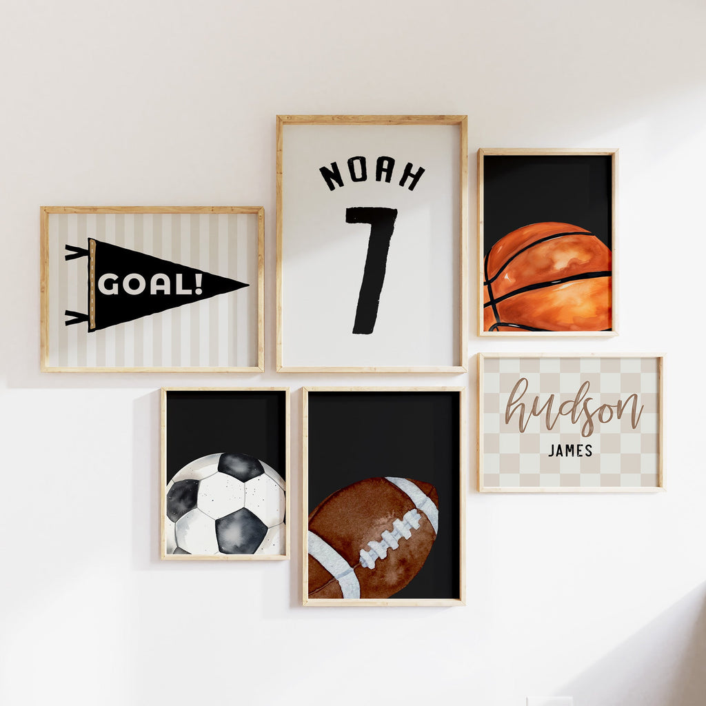 Personalised Sports Wall Art Set of 6, Neutral Kids Prints