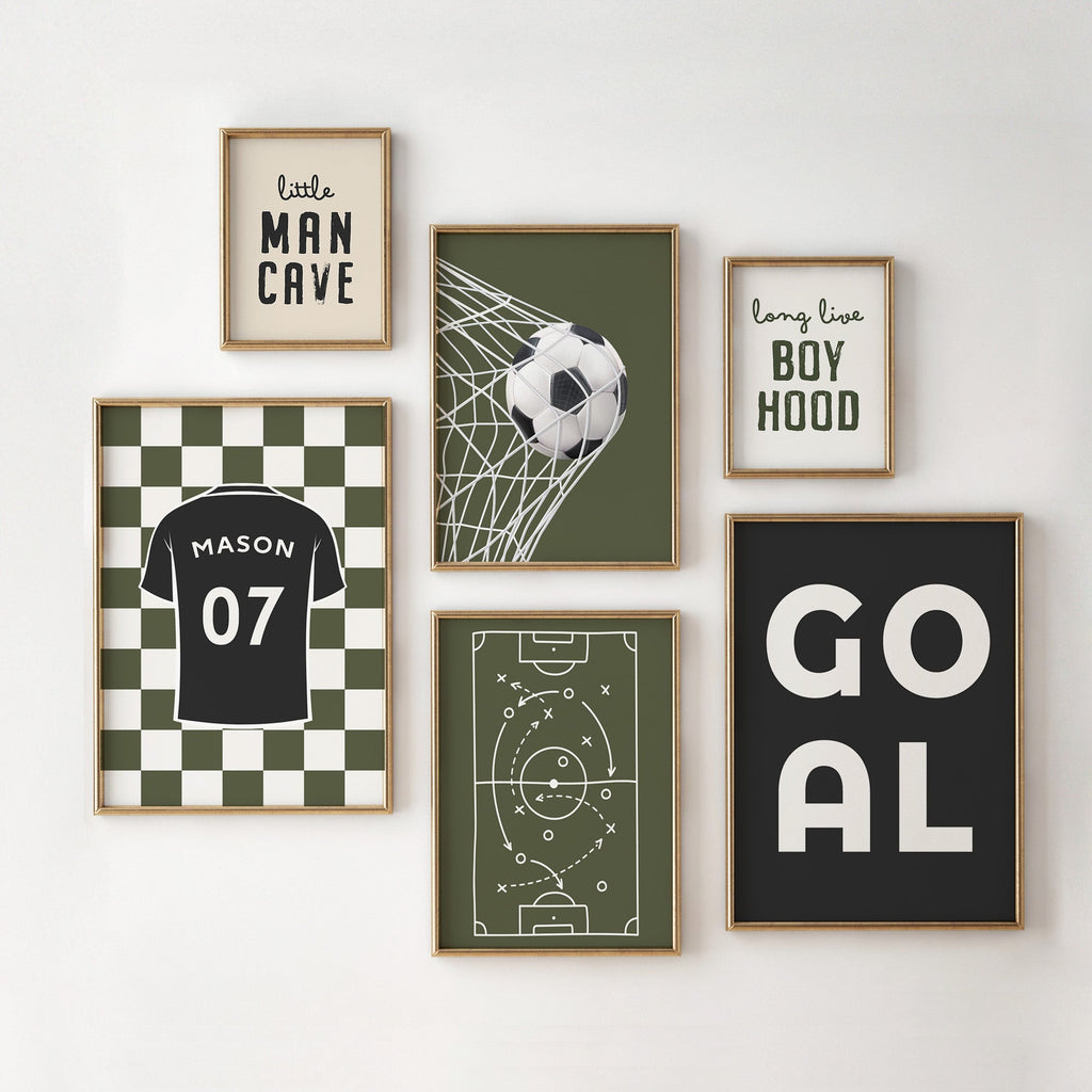 Personalised Olive Football Prints Set of 6, Boys Bedroom