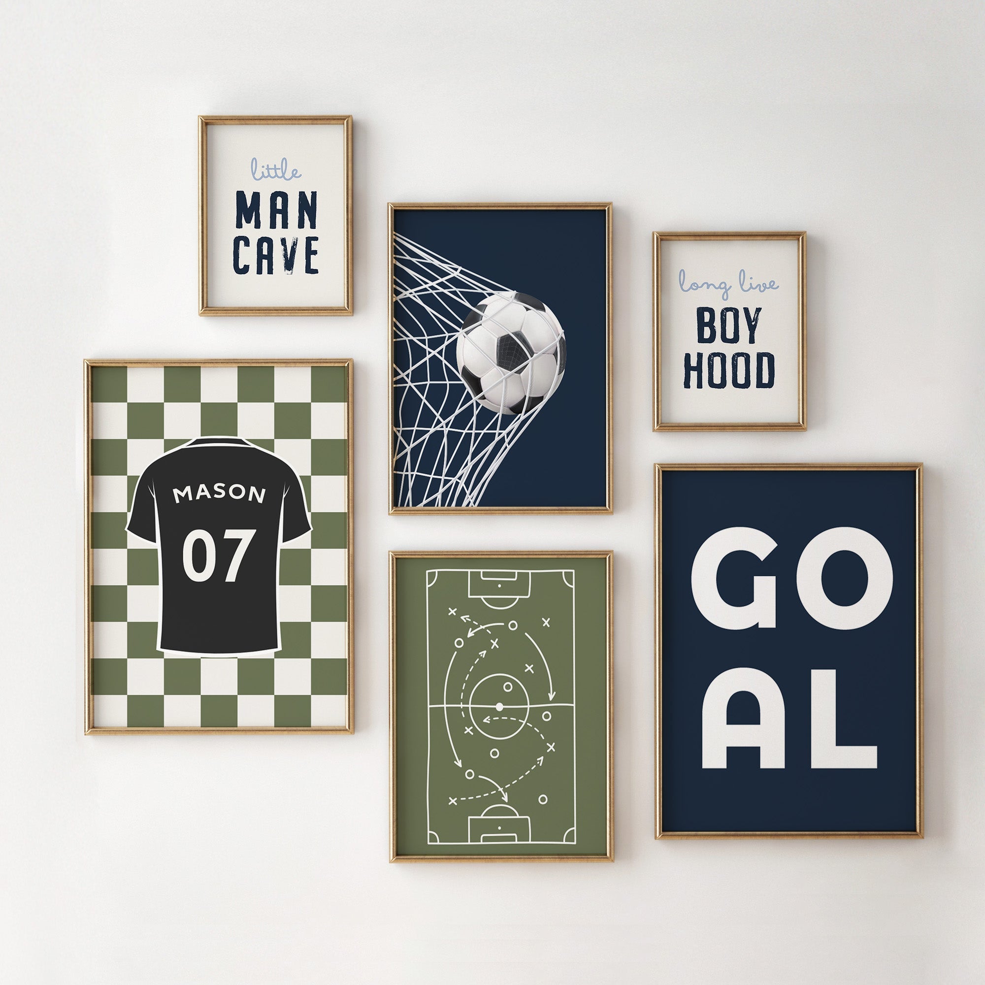 Personalised Navy and Olive Football Prints Set of 6