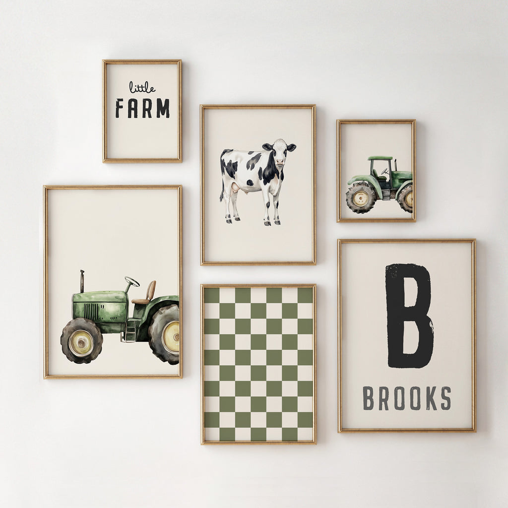 Personalised Farm Wall Art Set of 6 Olive Green Boys Room Prints