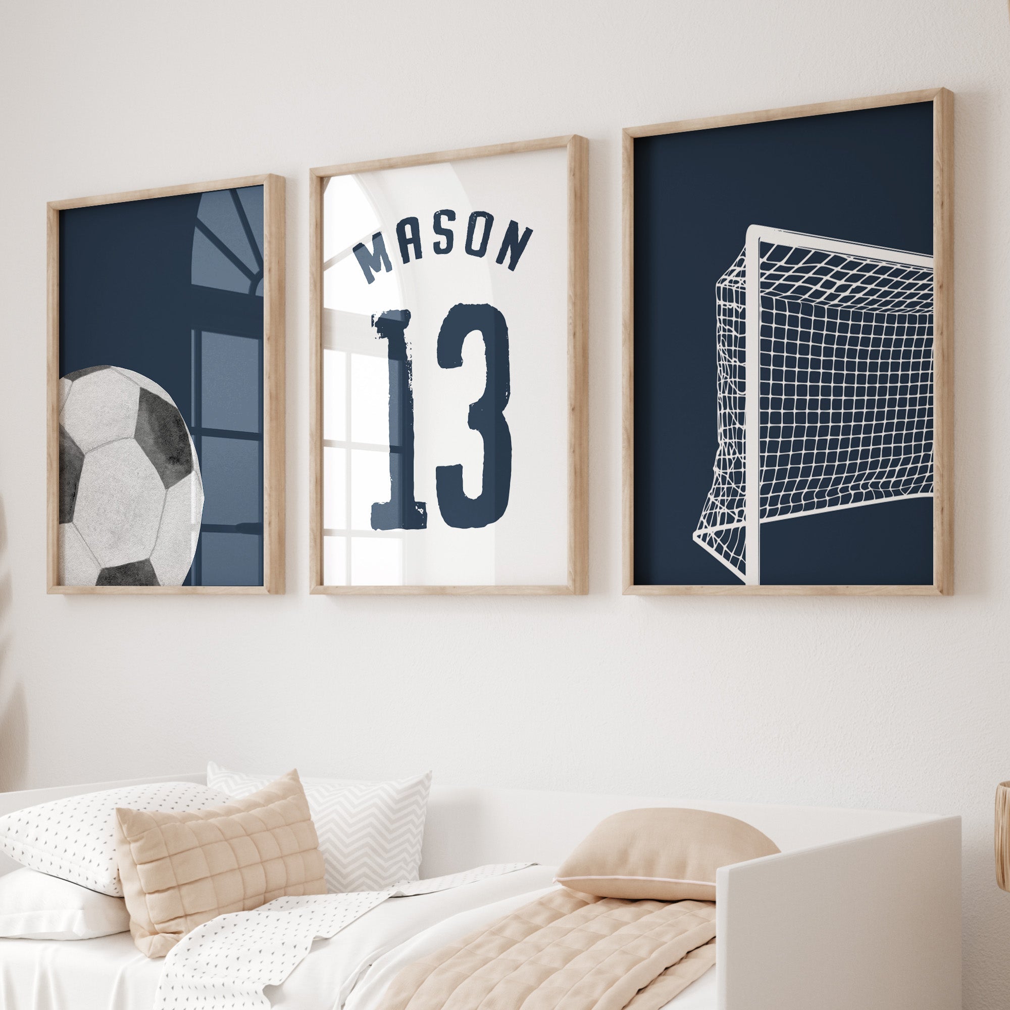 Personalised Navy Football Prints Set of 3, Boys Wall Art