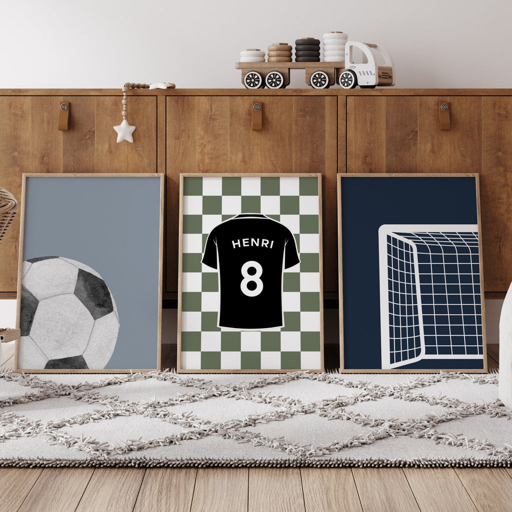 Personalised Football Prints Set of 3, Navy Boys Wall Art - artwork detail