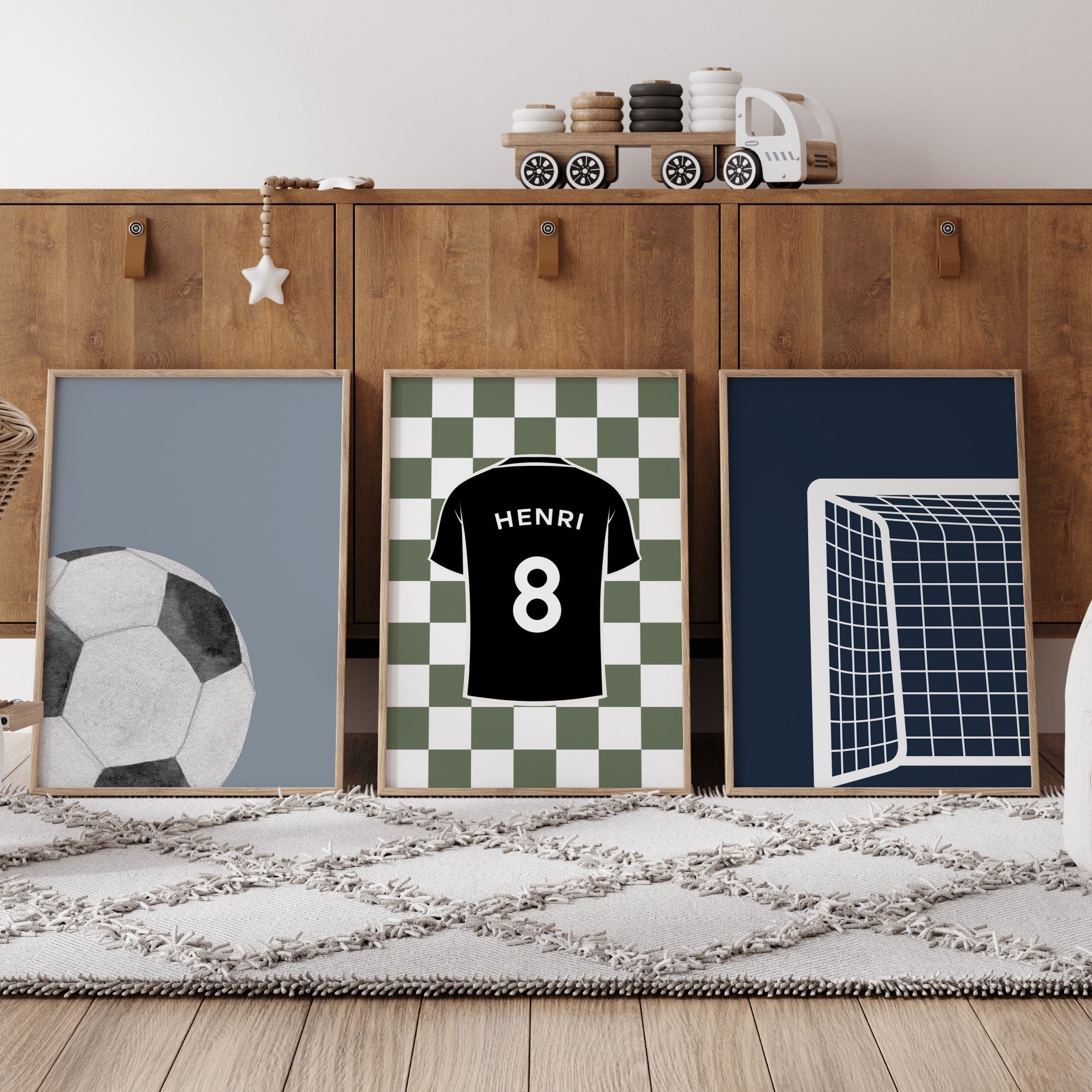 Personalised Football Prints Set of 3, Navy Boys Wall Art - artwork detail