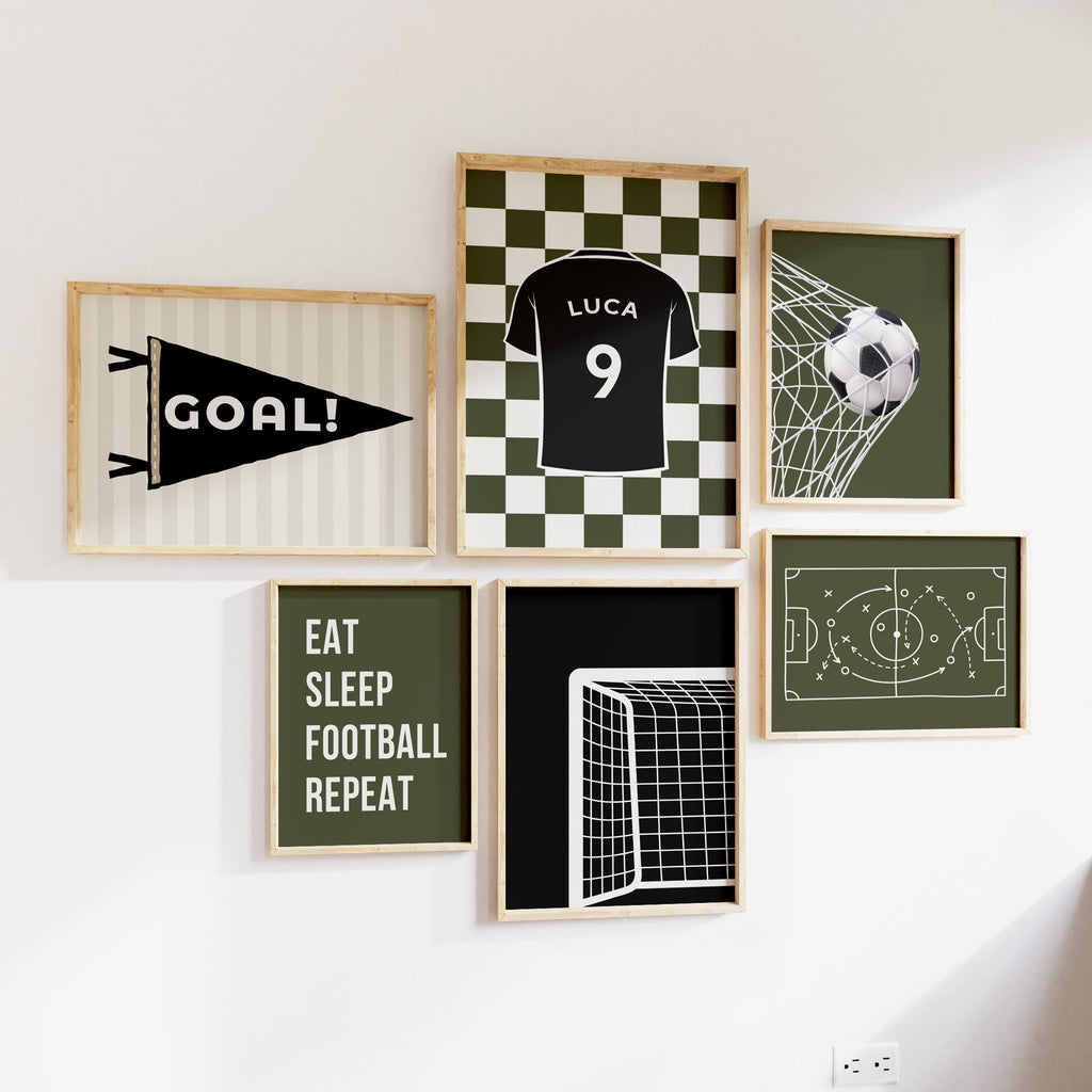 Personalised Neutral Football Prints Set of 6, Boys Wall Art