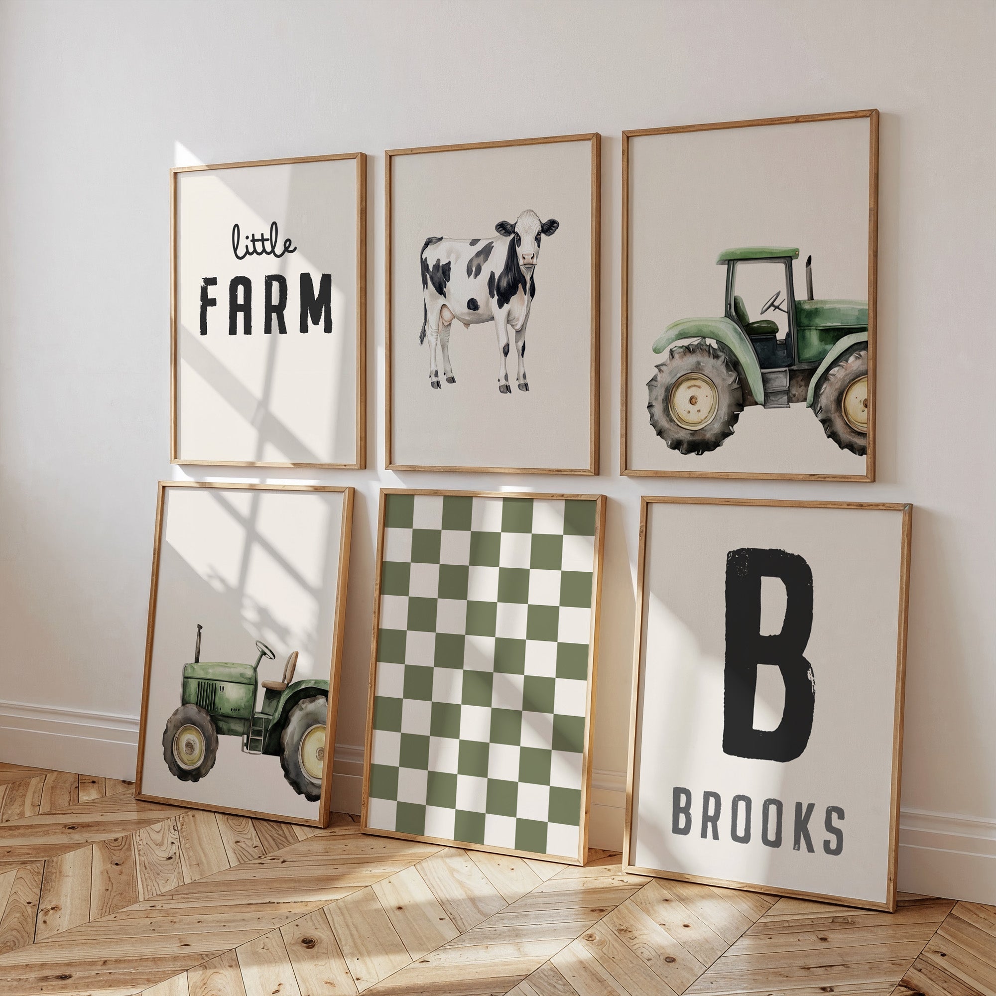 Personalised Farm Wall Art Set of 6 Olive Green Boys Room Prints