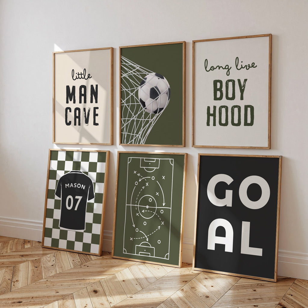 Personalised Olive Football Prints Set of 6, Boys Bedroom - artwork detail