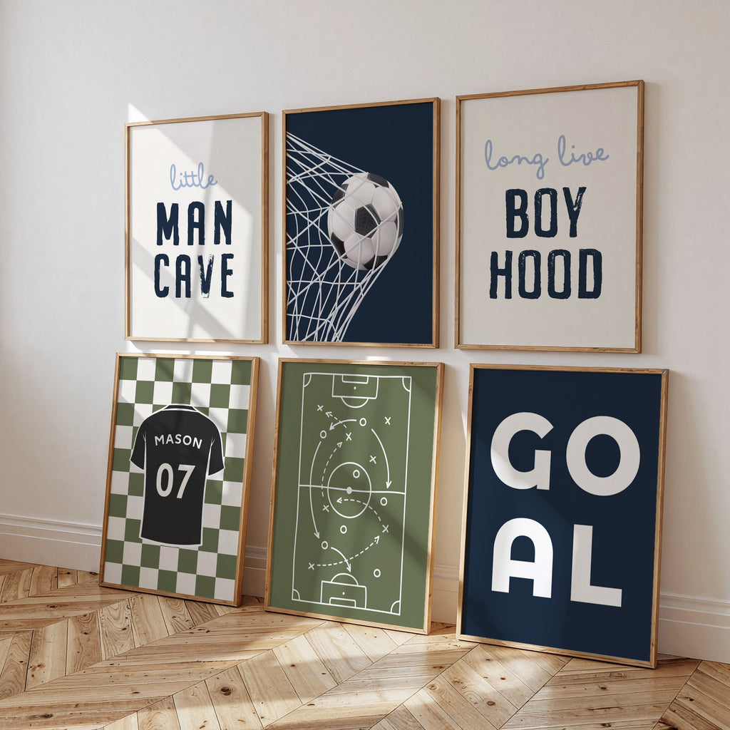 Personalised Navy and Olive Football Prints Set of 6 - artwork detail
