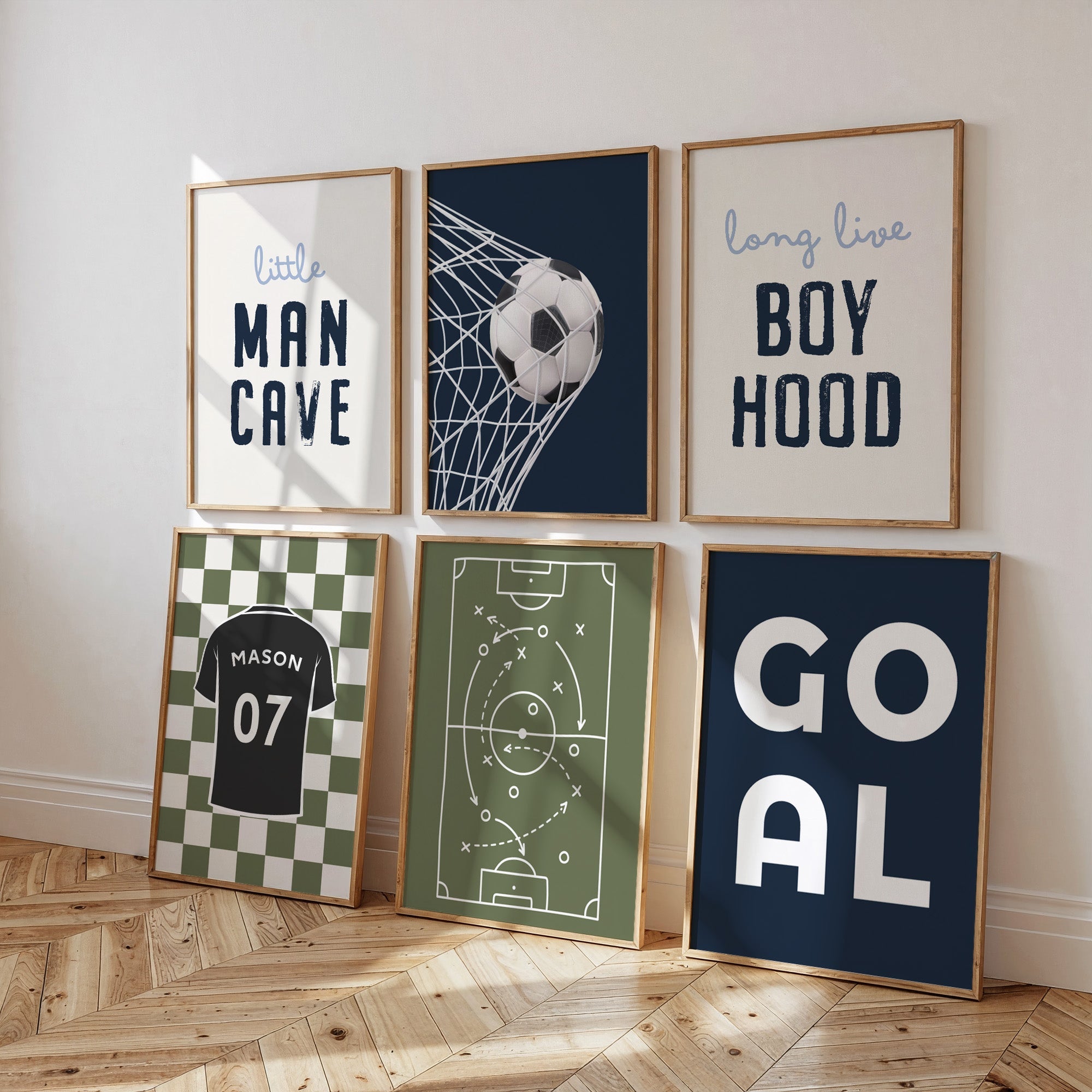 Personalised Navy and Olive Football Prints Set of 6 - artwork detail