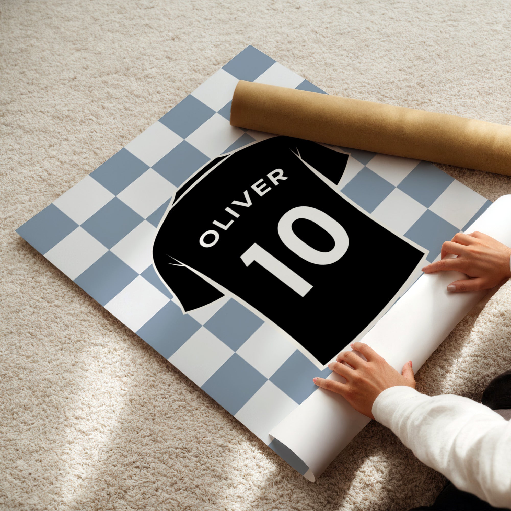 Personalised Football Jersey Print Neutral Checker Custom Name Number Wall Art