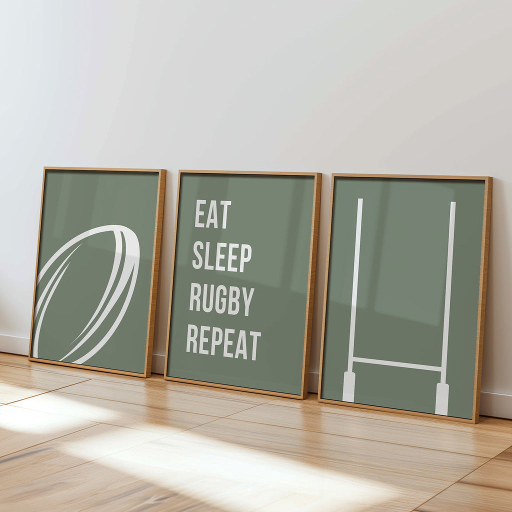 Rugby Wall Art Set of 3 Green Boys Bedroom Decor Nursery Sports Prints