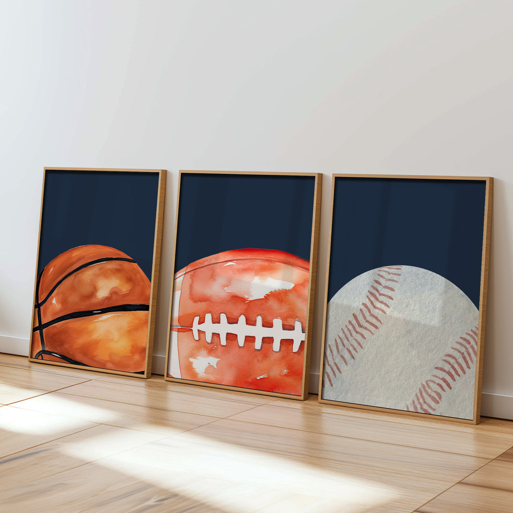 Sports Wall Art Set of 3 Boys Bedroom Prints Navy Kids Sports Decor