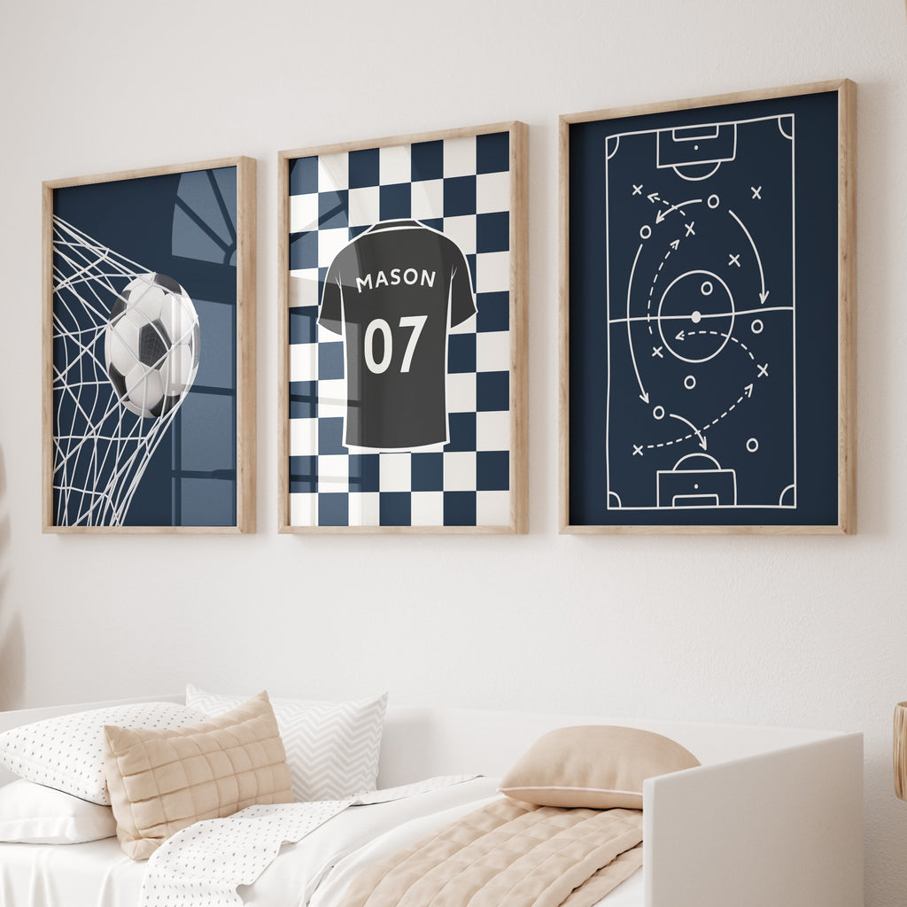 Navy football bedroom wall art for boys displayed above furniture