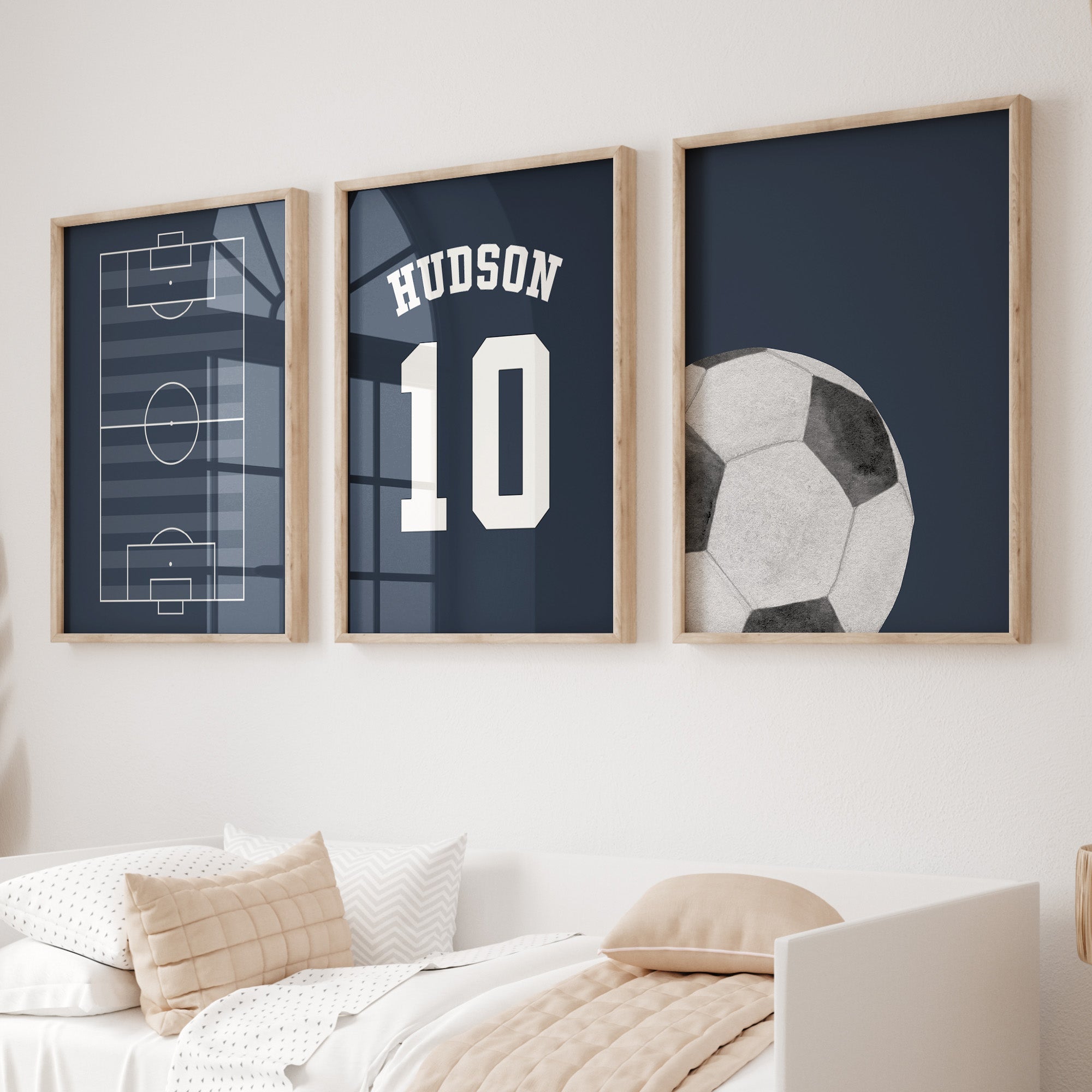 Personalised Football Pitch Prints Set of 3, Navy Wall Art - artwork detail