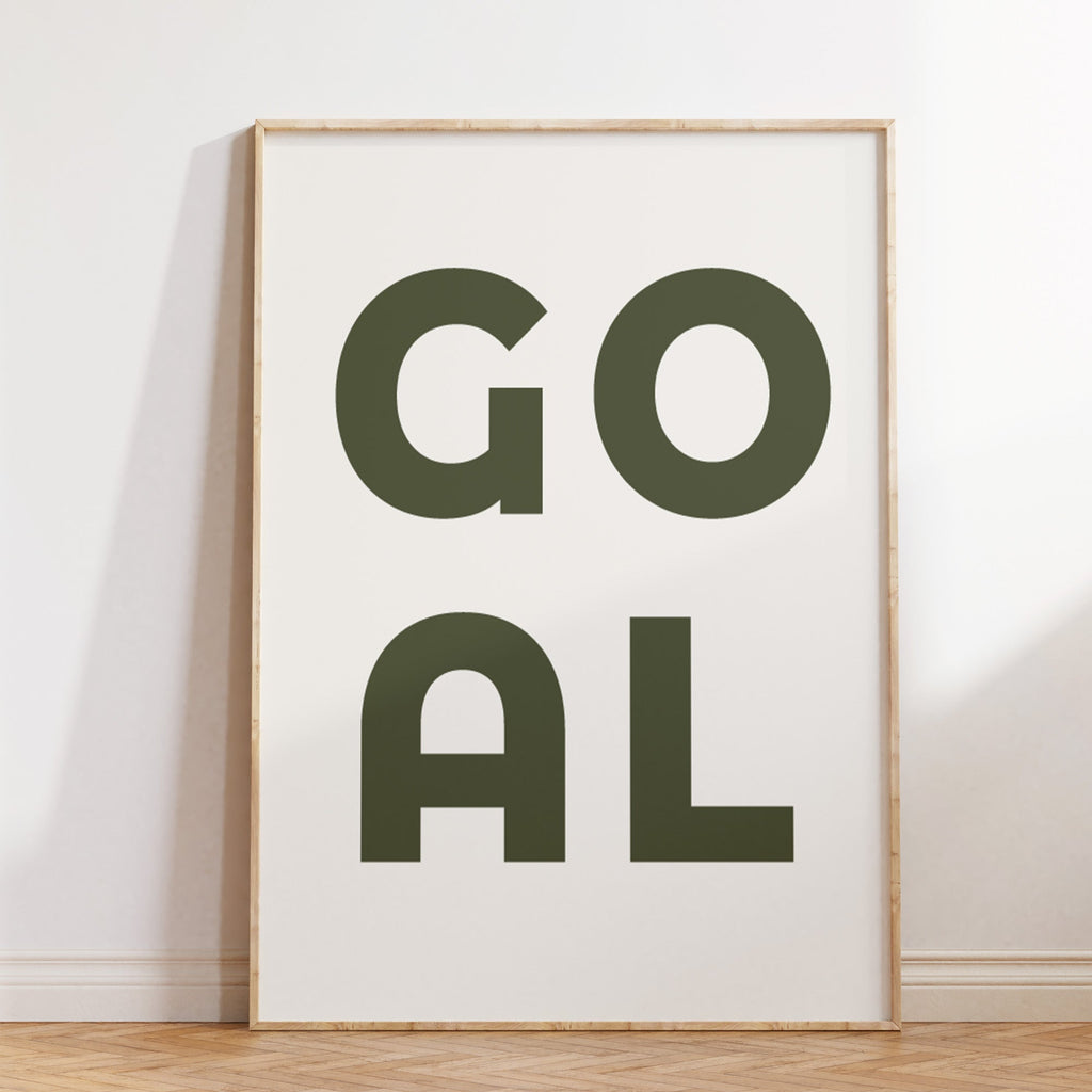 Football Goal Typography Print, Sage or Navy Boys Wall Art shown in a styled room