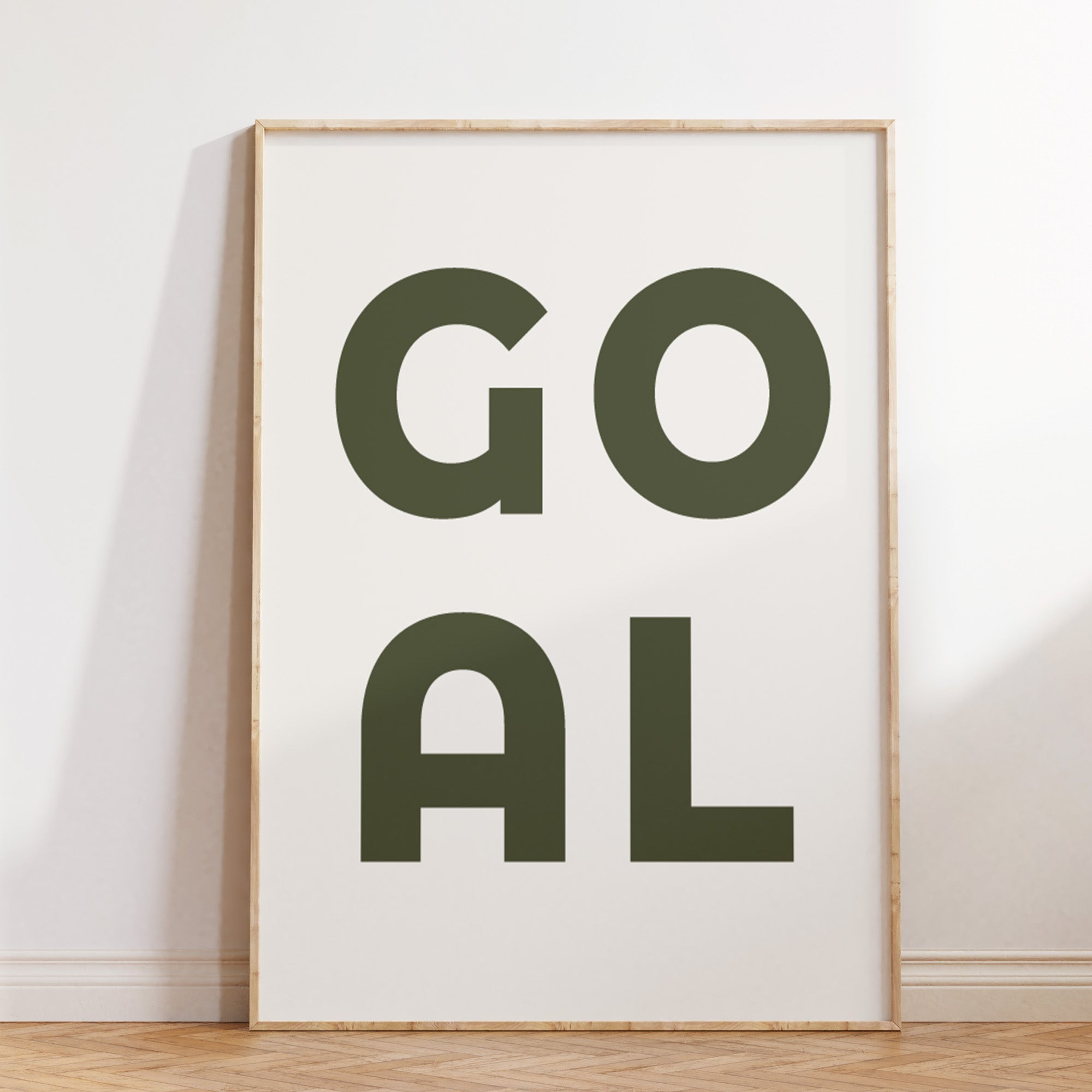 Football Goal Typography Print, Sage or Navy Boys Wall Art shown in a styled room