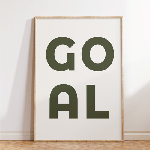 Football Goal Typography Print, Sage or Navy Boys Wall Art shown in a styled room